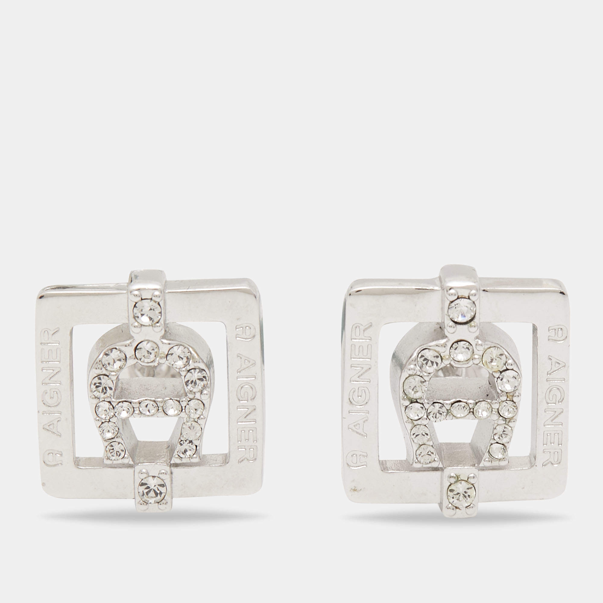 Pre Owned Aigner Silver Tone Crystal Square Stud Earrings
