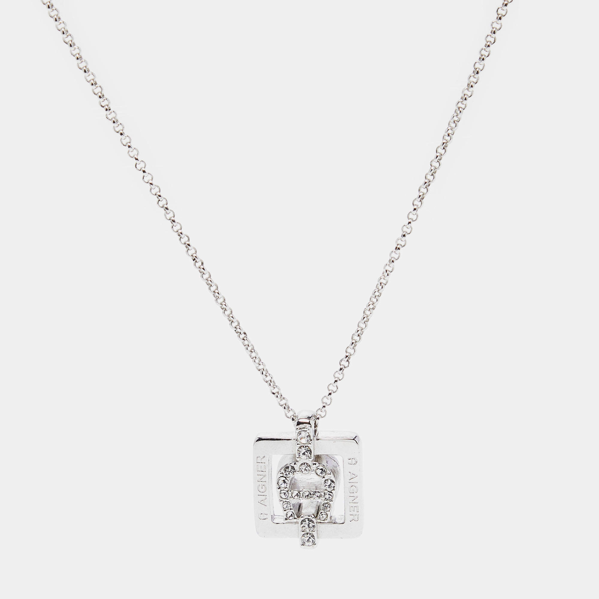 Aigner Silver Tone Square Crystal Logo Pendant Necklace Aigner | The ...