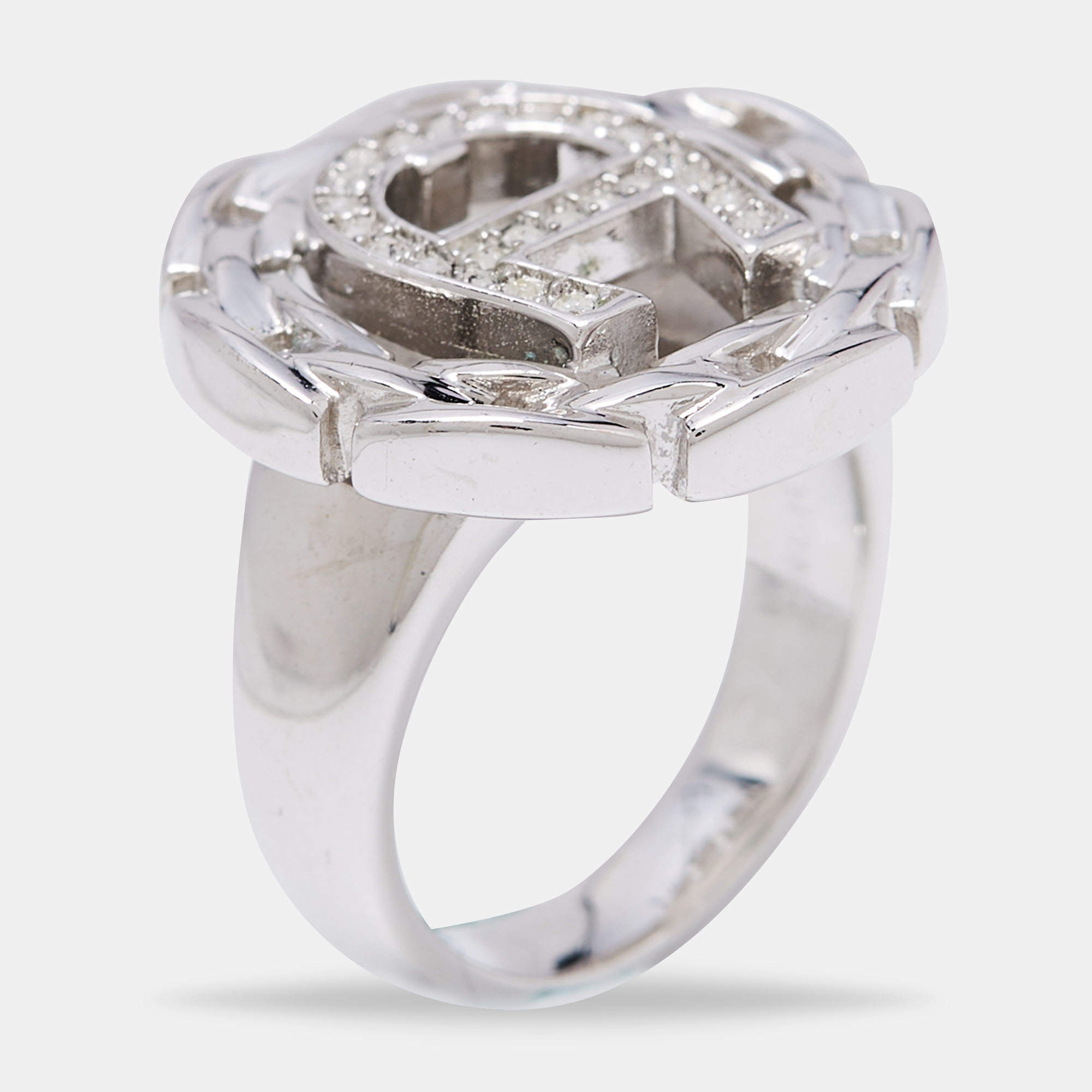 Pre Owned Aigner Silver Tone Crystal Chain Link Logo Ring Size EU 52