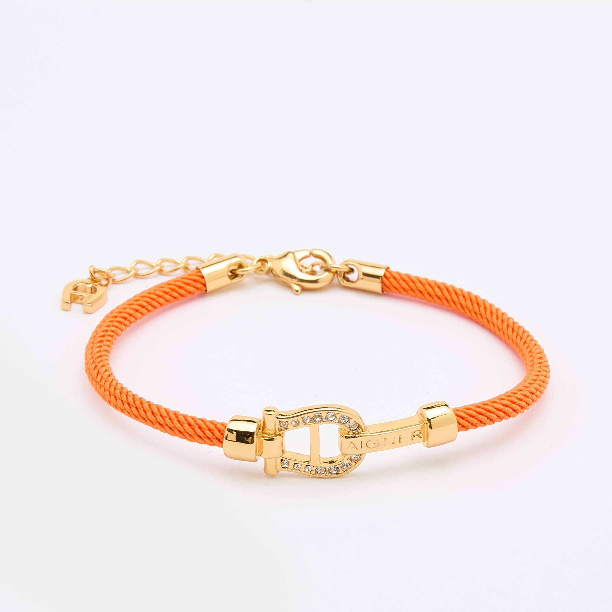 Pre Owned Aigner Orange Silk Cord Crystal Logo Yael Bracelet