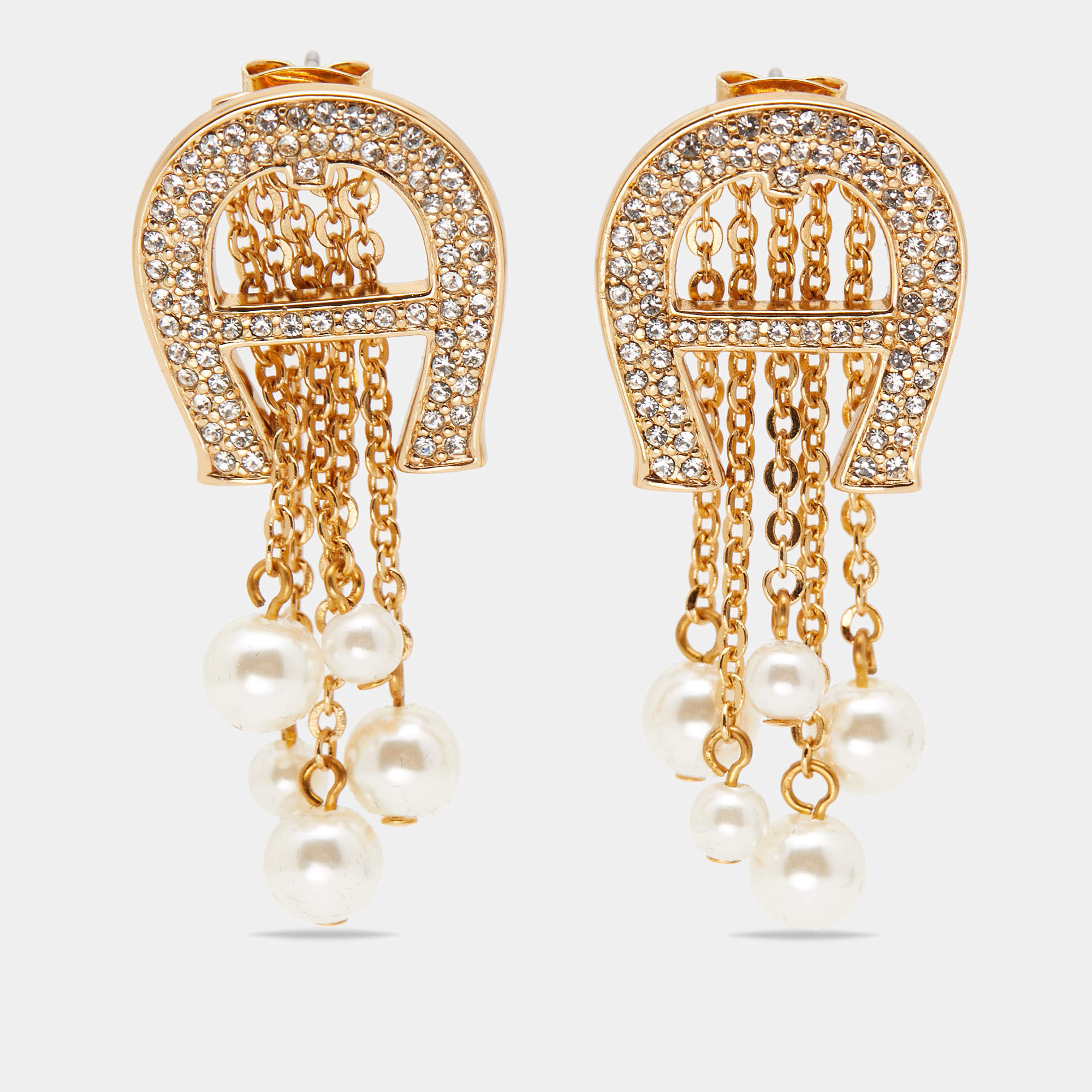 Pre Owned Aigner Capri Crystals Faux Pearl Gold Tone Earrings