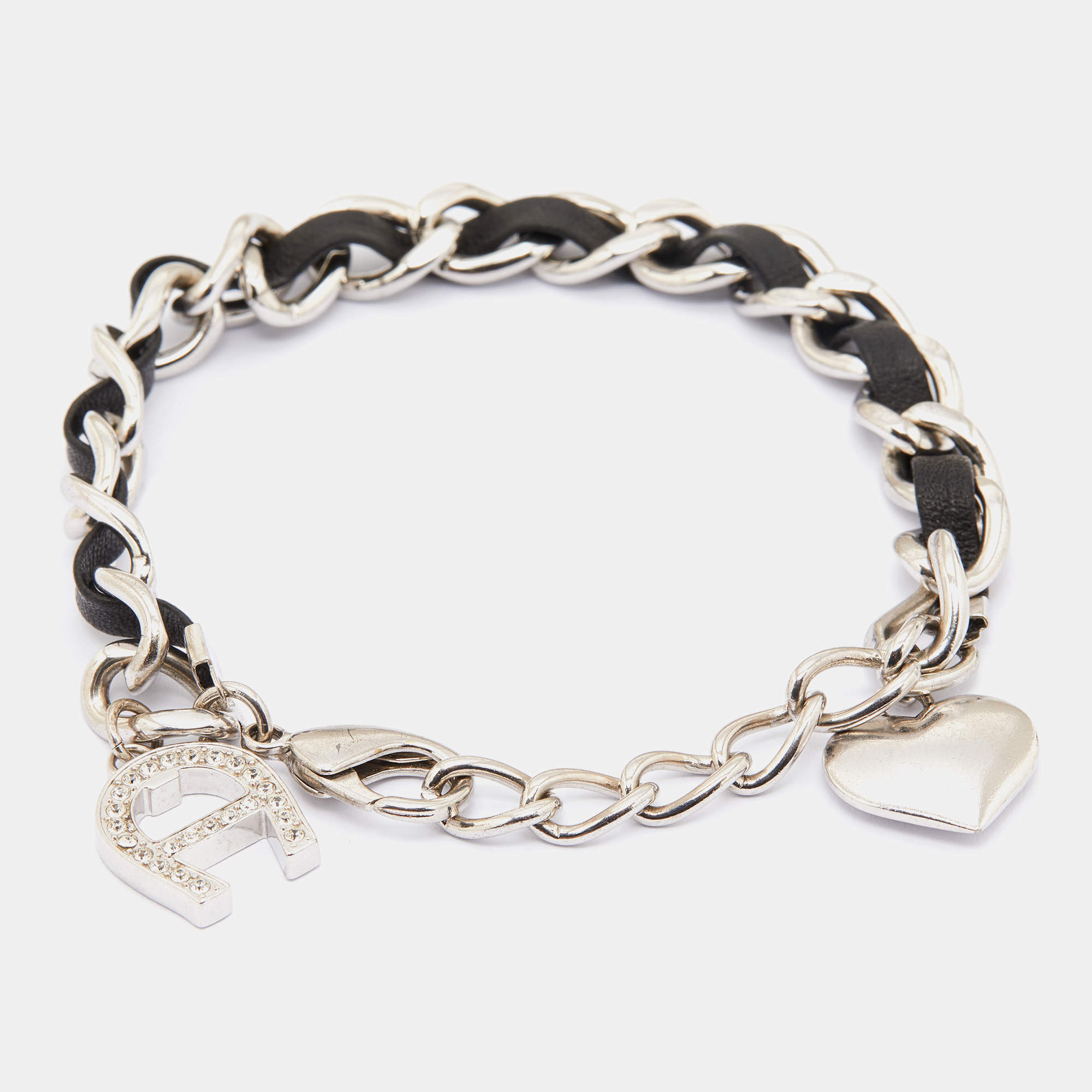 Pre Owned Aigner Black Leather & Silver Tone Metal Chain Bracelet