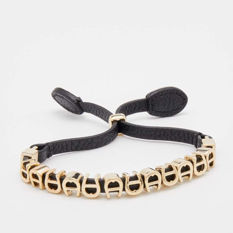 Pre Owned Aigner Black Leather Logo Charms Adjsutable Bracelet
