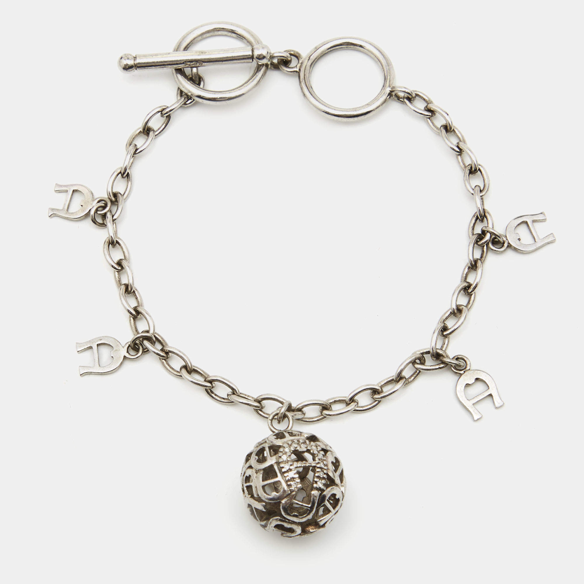 Aigner Sterling Silver Crystal Logo Charm Bracelet