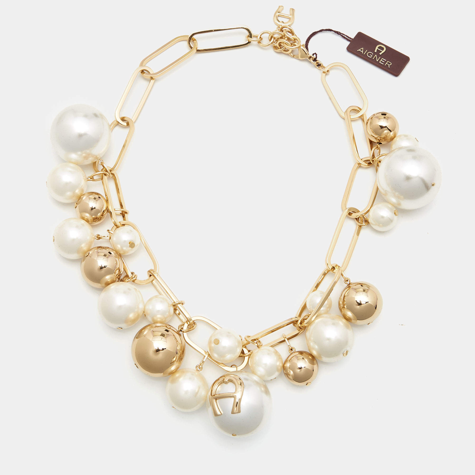 Pre Owned Aigner Bella Faux Pearl and Beads Gold Plated Chunky Necklace