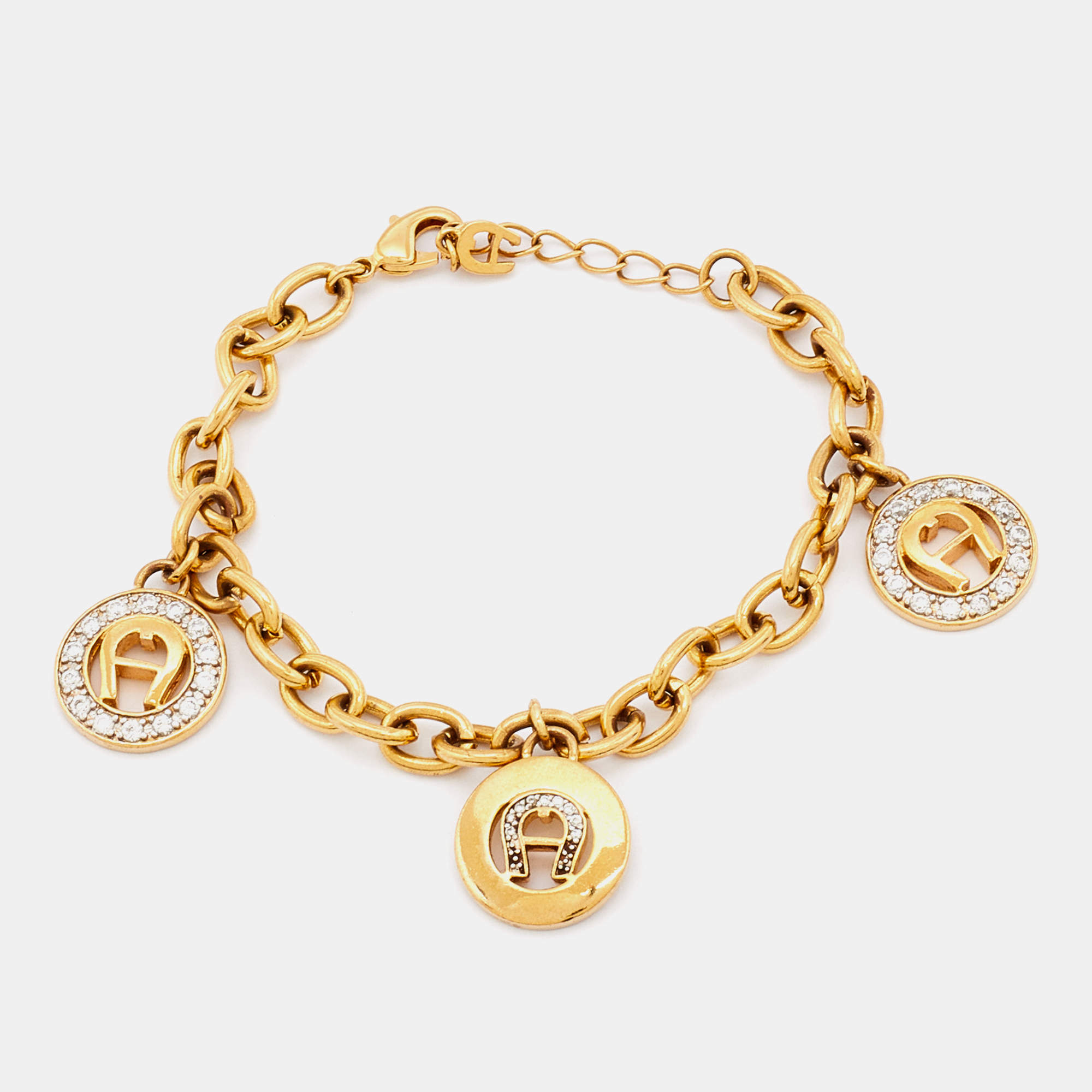 Pre Owned Aigner Gold Tone Logo Charm Chain Bracelet