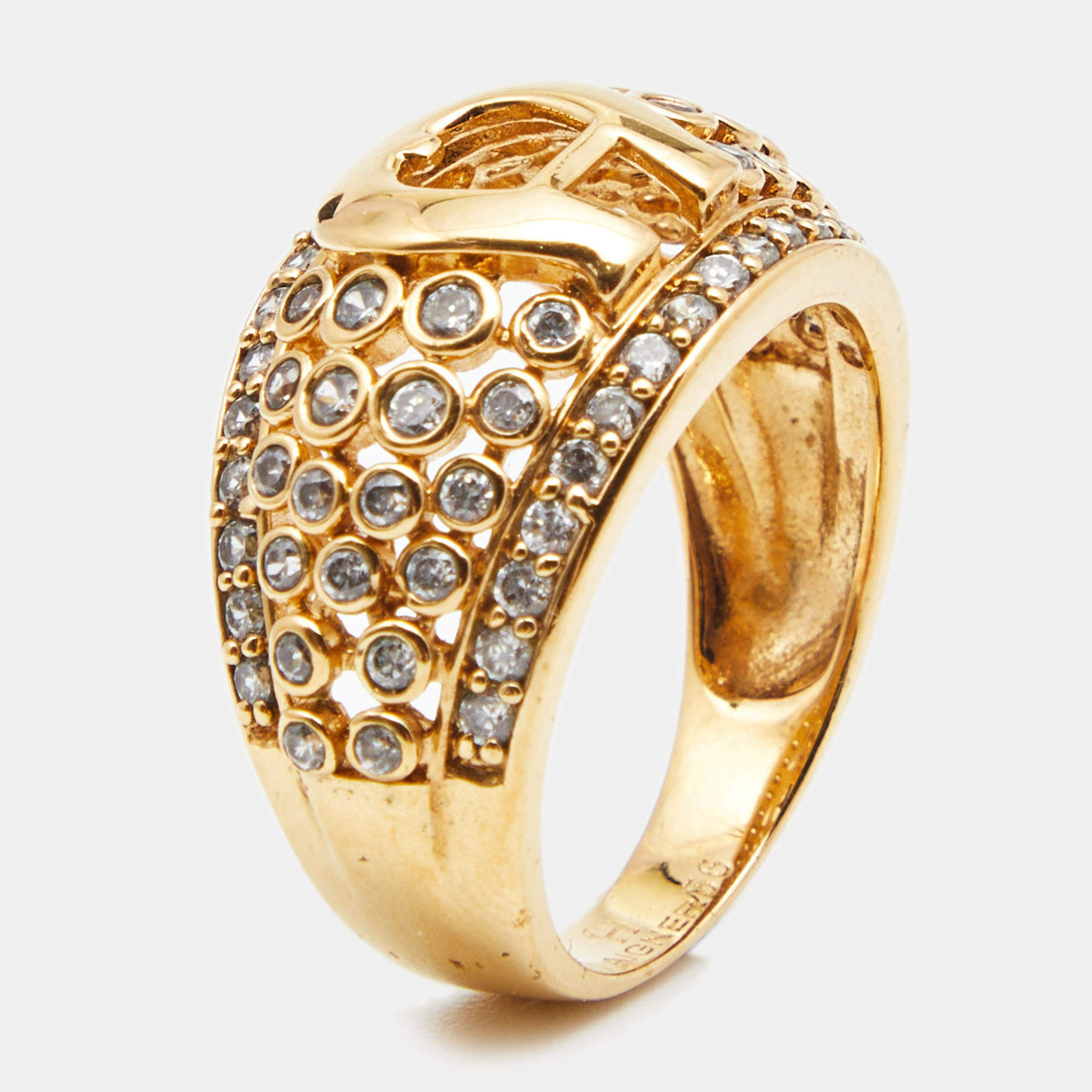 Pre Owned Aigner Crystals Gold Tone Ring Size 56