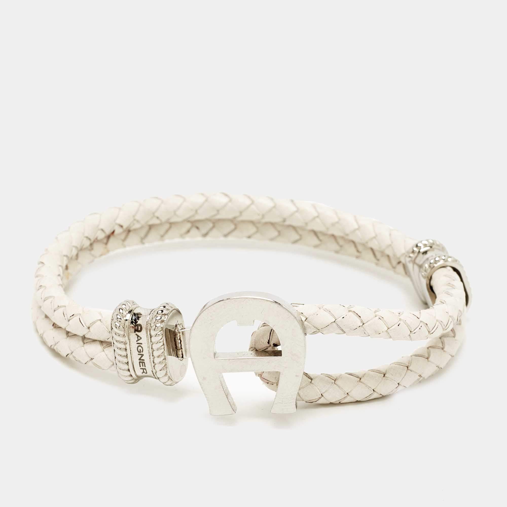 Pre Owned Aigner Braided Leather Silver Tone Bracelet