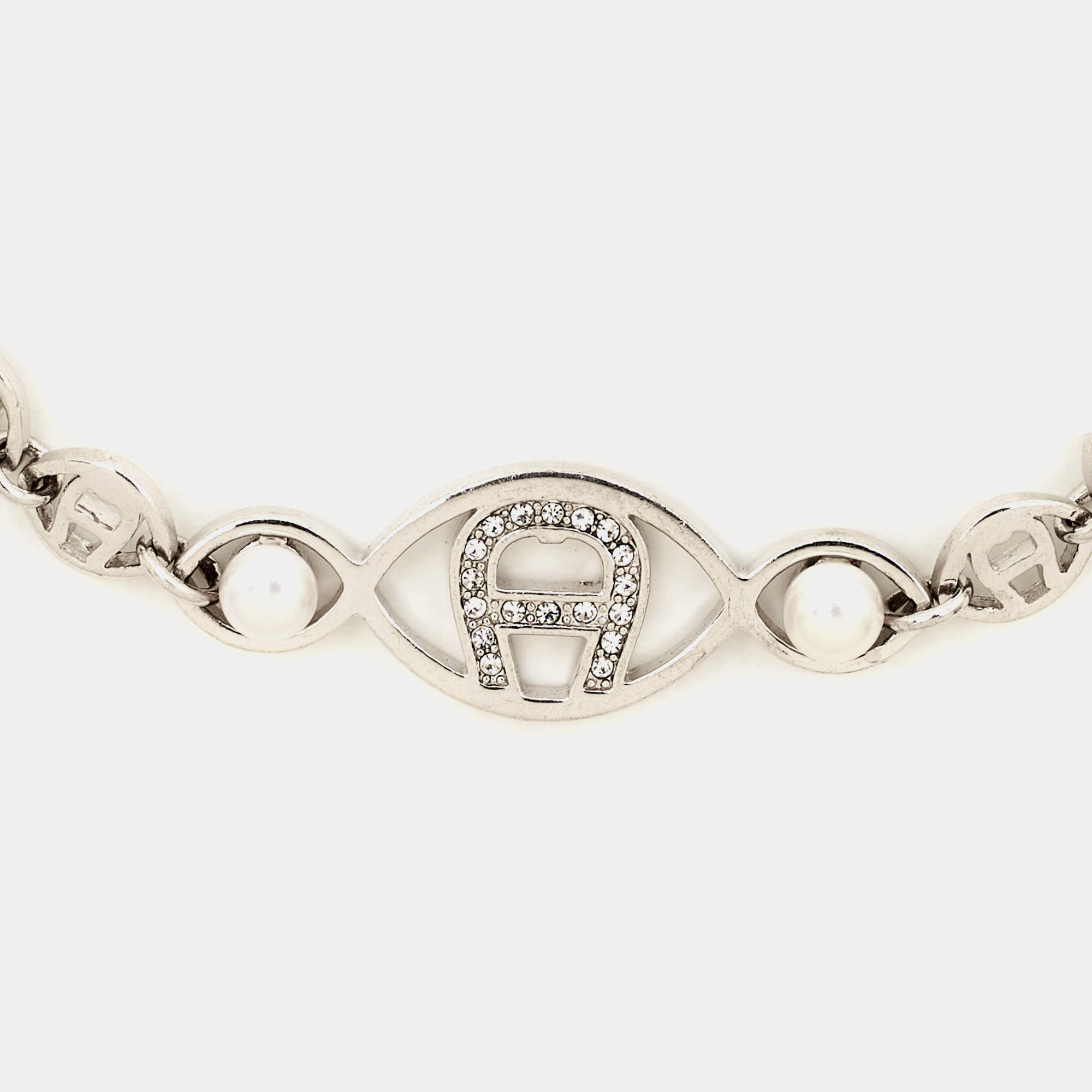 Aigner Logo Crystal Faux Pearl Silver Tone Bracelet Aigner TLC