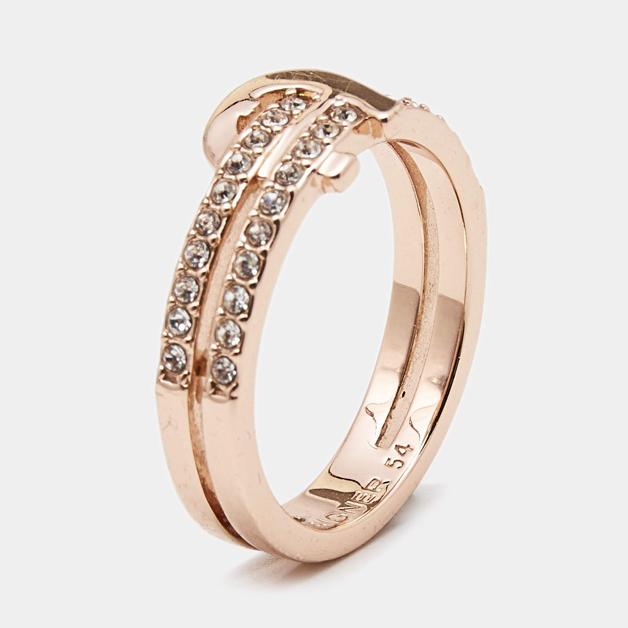 Pre Owned Aigner Crystal Rose Gold Tone Ring Size 54