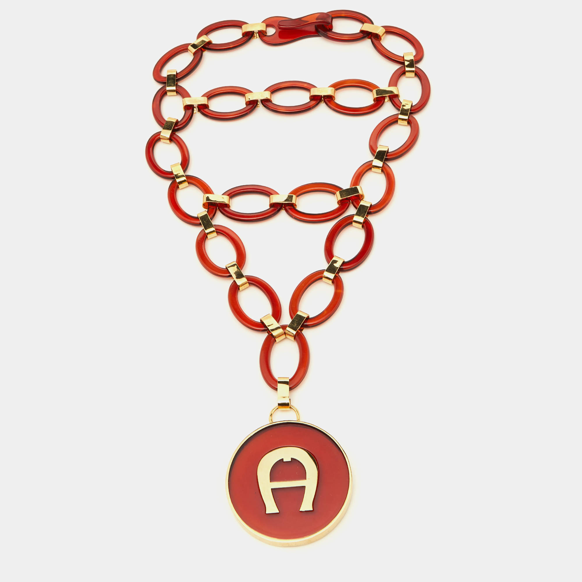 Pre Owned Aigner Burgundy Resin & Gold Tone Link Layered Necklace