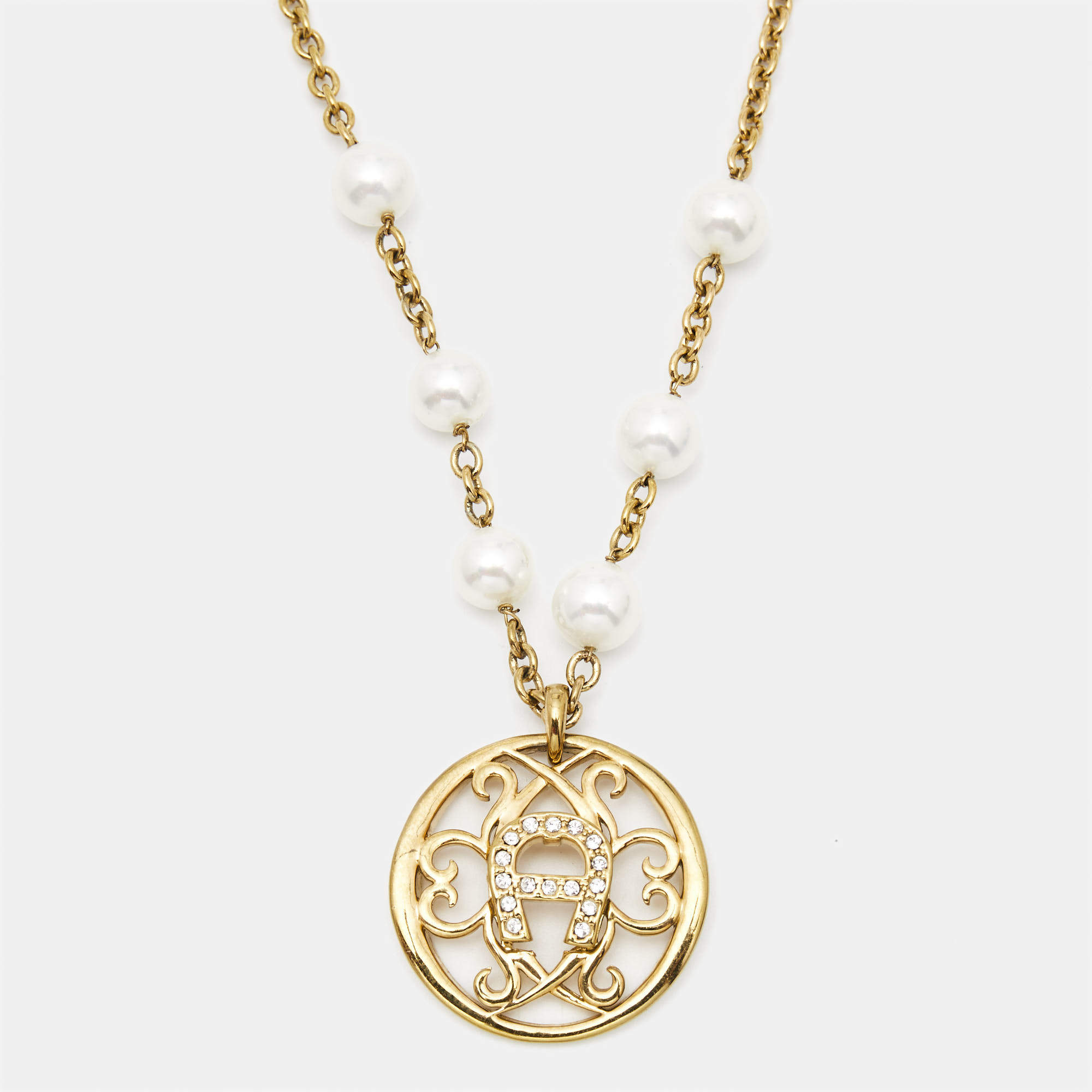 Pre Owned Aigner Crystal Faux Pearl Gold Tone Necklace