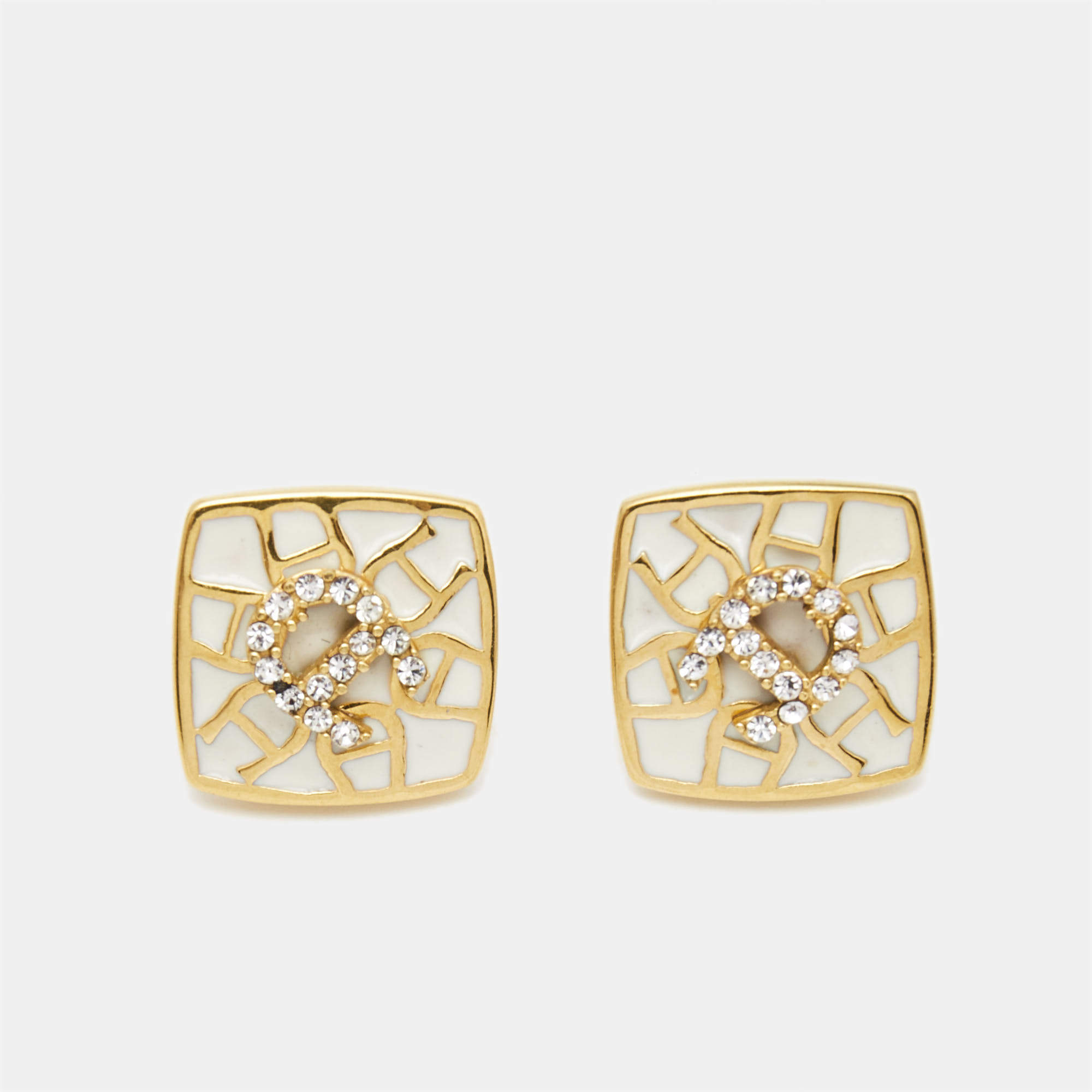 Pre Owned Aigner Enamel Crystal Gold Tone Earrings