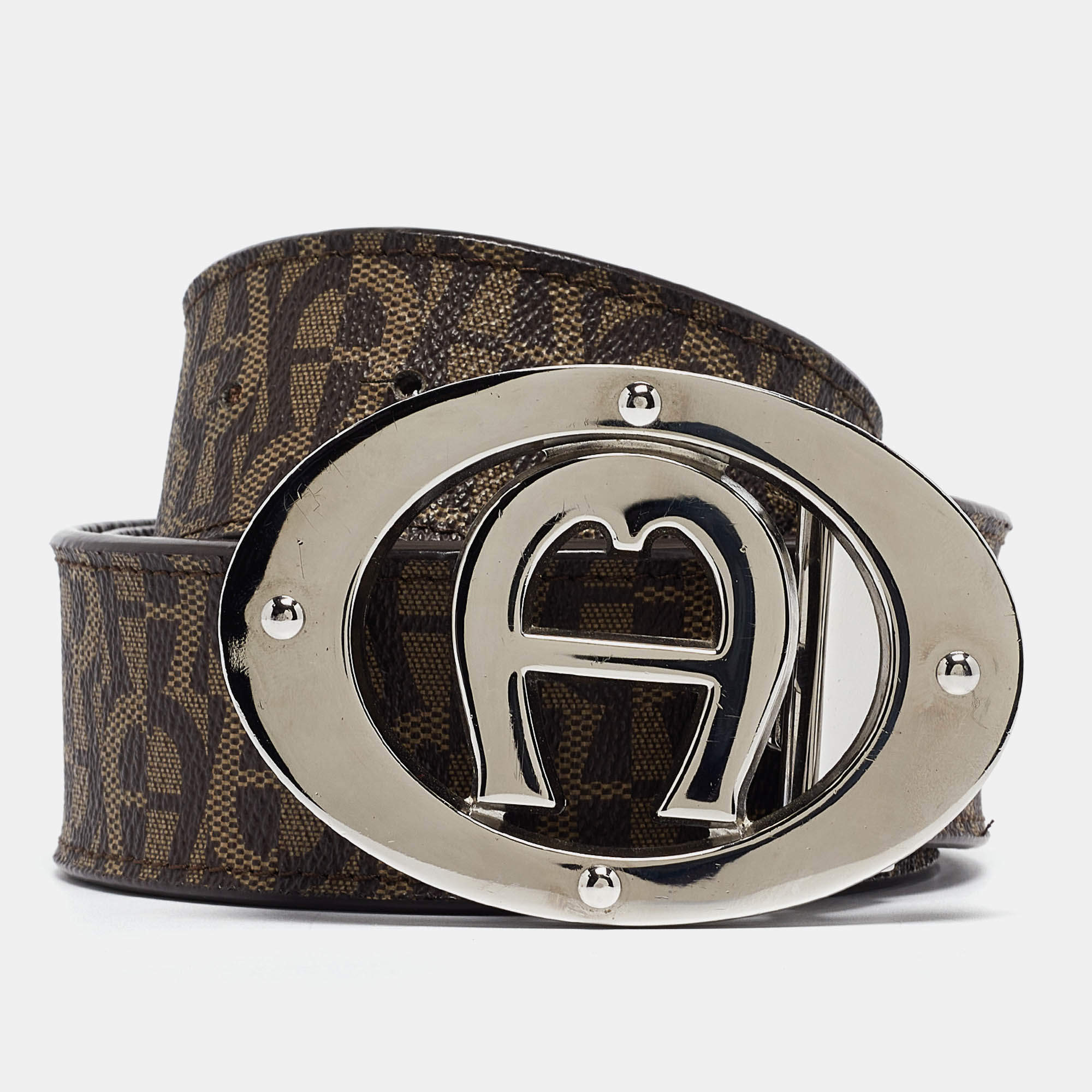 Aigner Dark Brown Monogram Coated Canvas and Leather Logo Belt