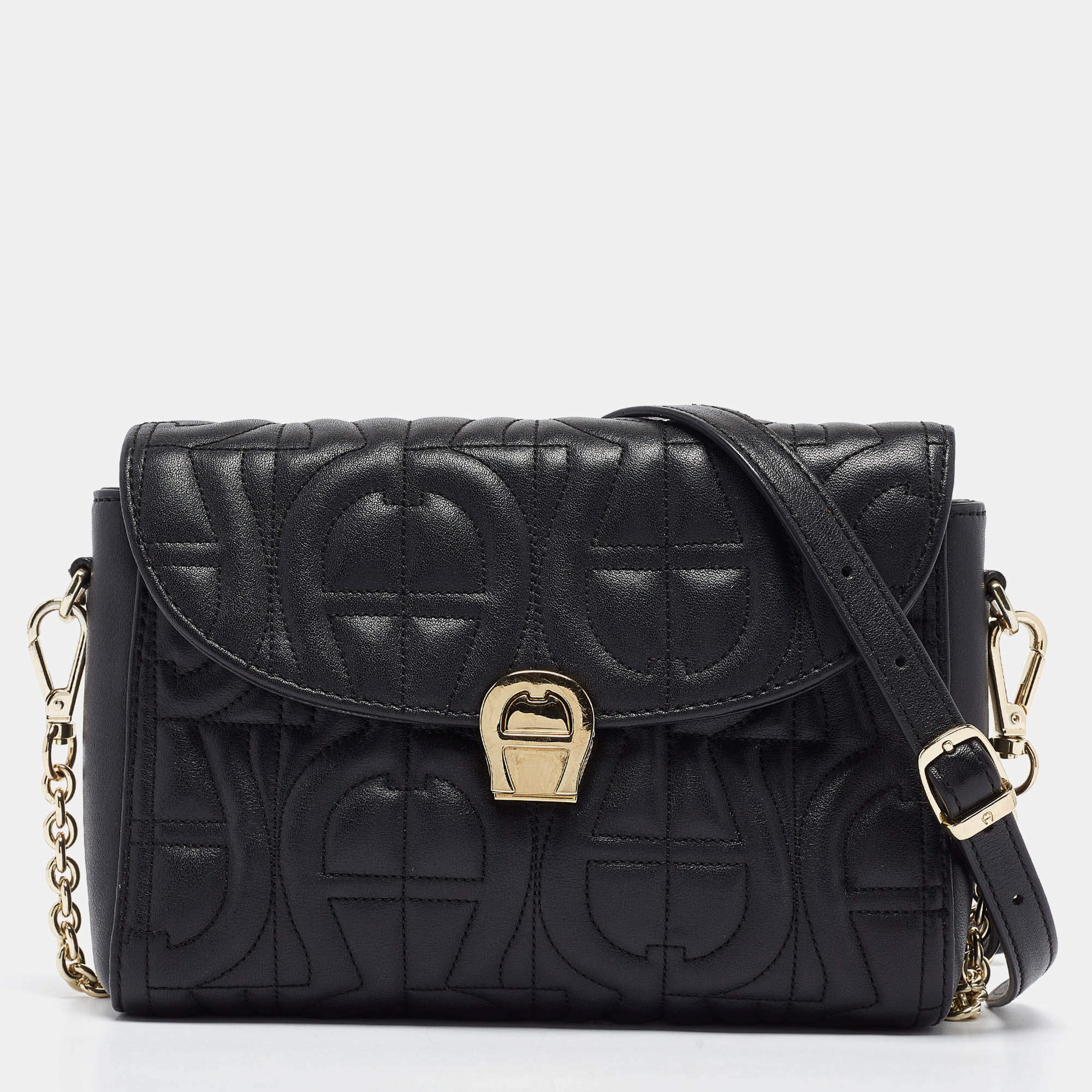 Aigner Black Logo Embossed Leather Pria Chain Shoulder Bag