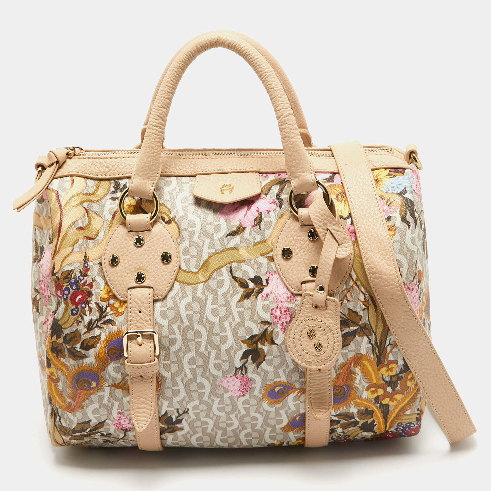 Aigner Beige/Multicolor Signature Floral Print PVC Satchel
