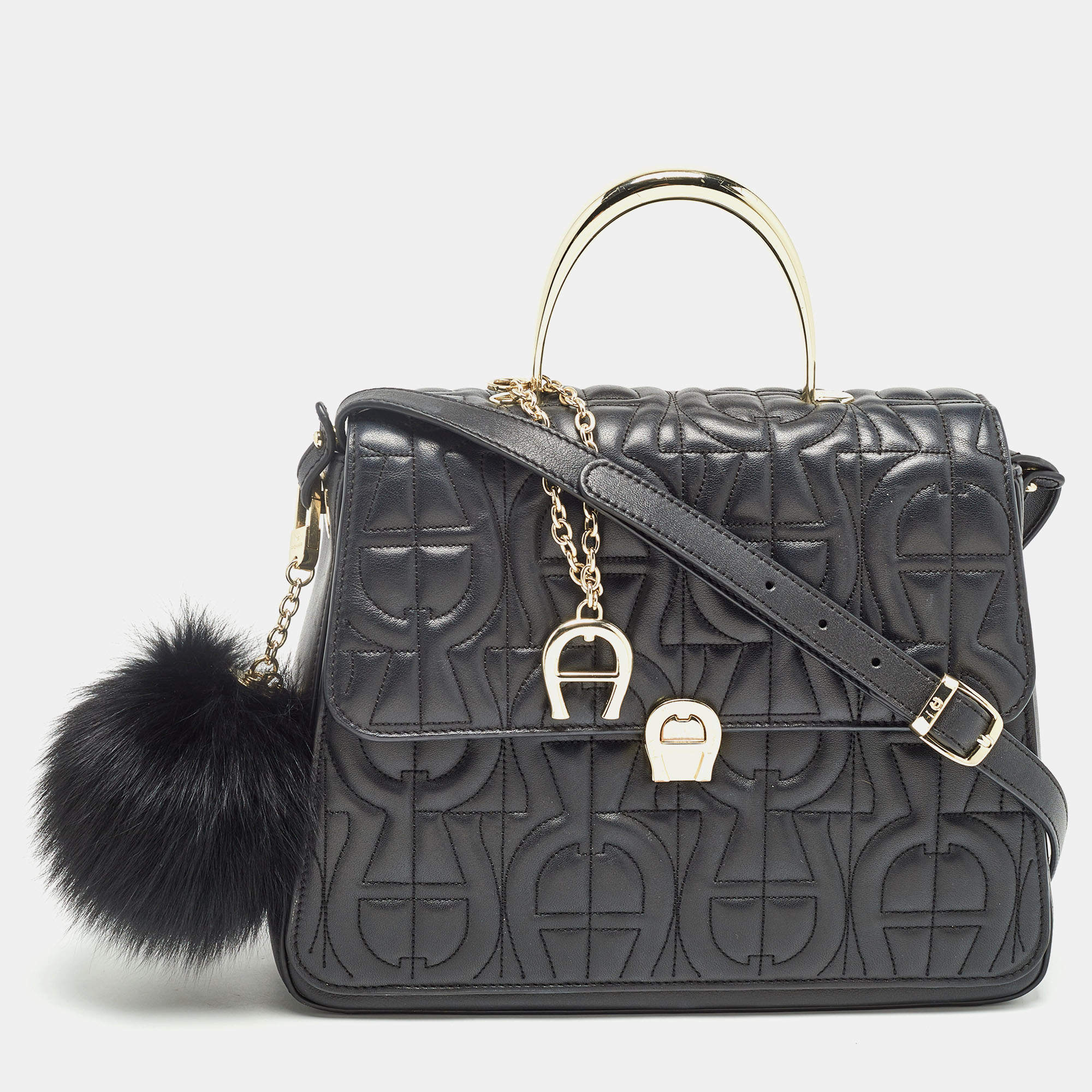 Aigner Black Logo Embossed Leather Genoveva Top Handle Bag
