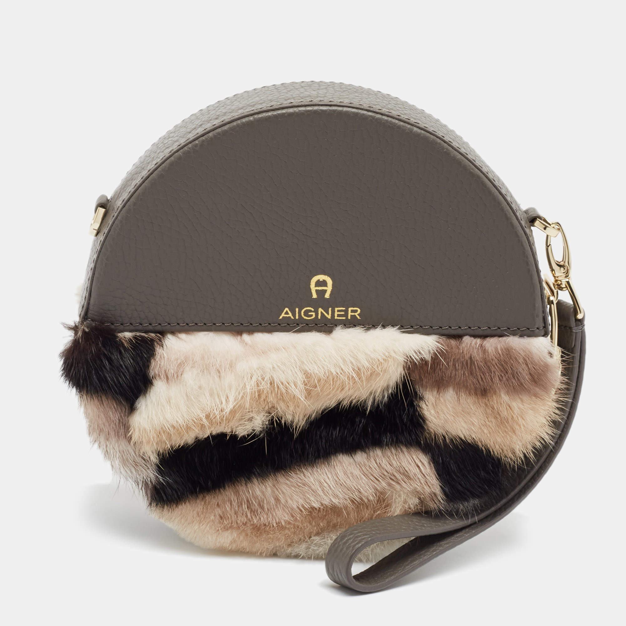 Aigner Grey Faux Fur and Leather Round Wristlet Clutch