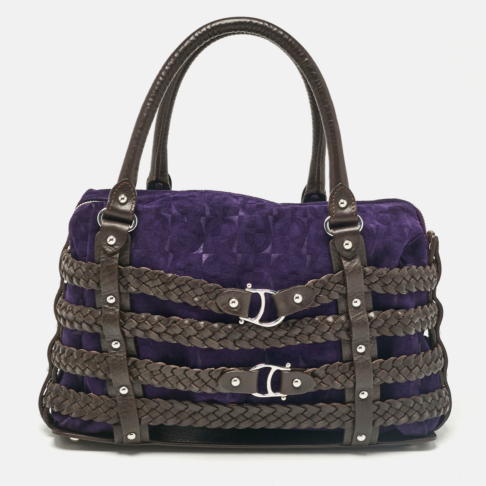 Pre Owned Aigner Dark Brown/Purple Leather and Suede Braided Cage Satchel