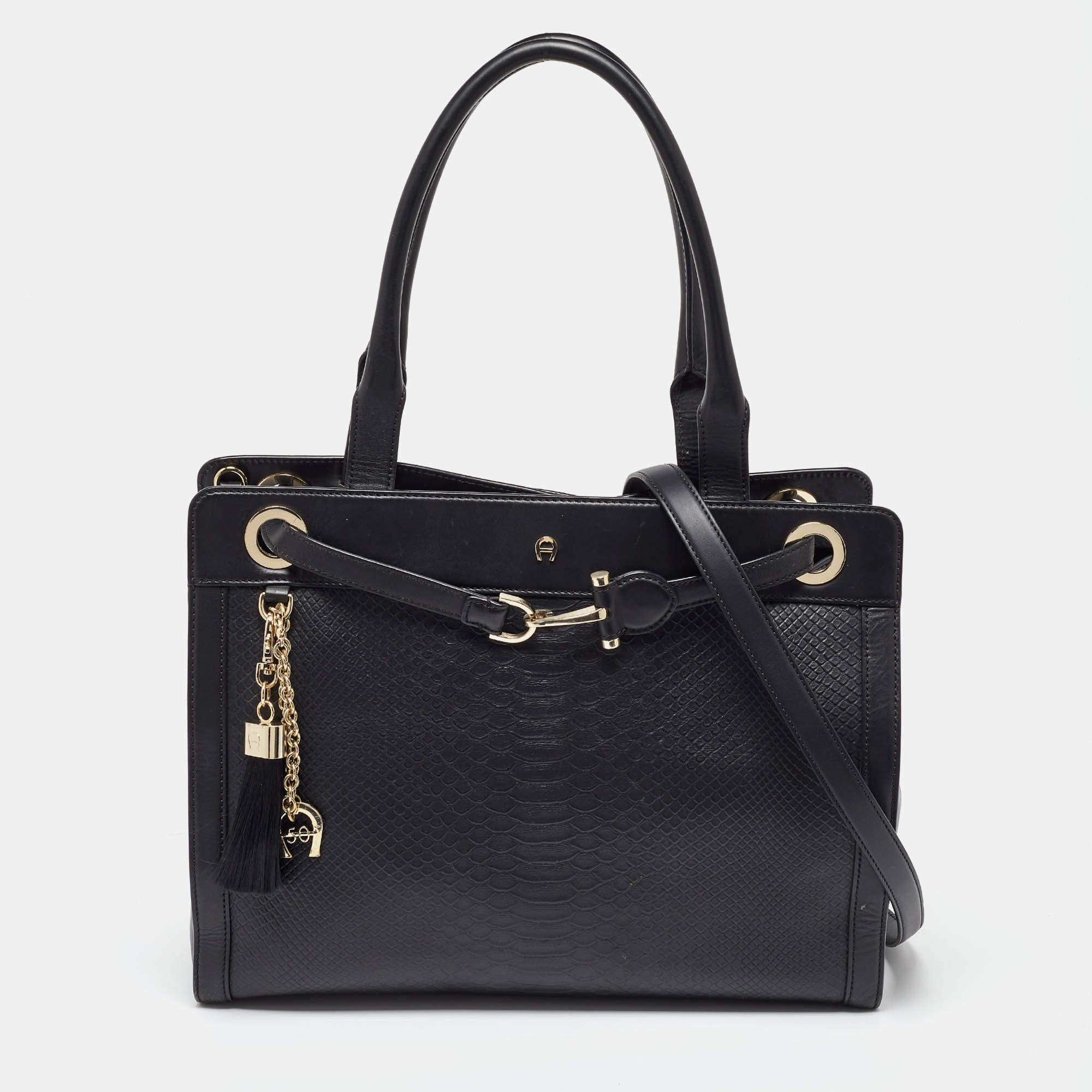 Aigner Black Croc Embossed Leather Cavallina Tote