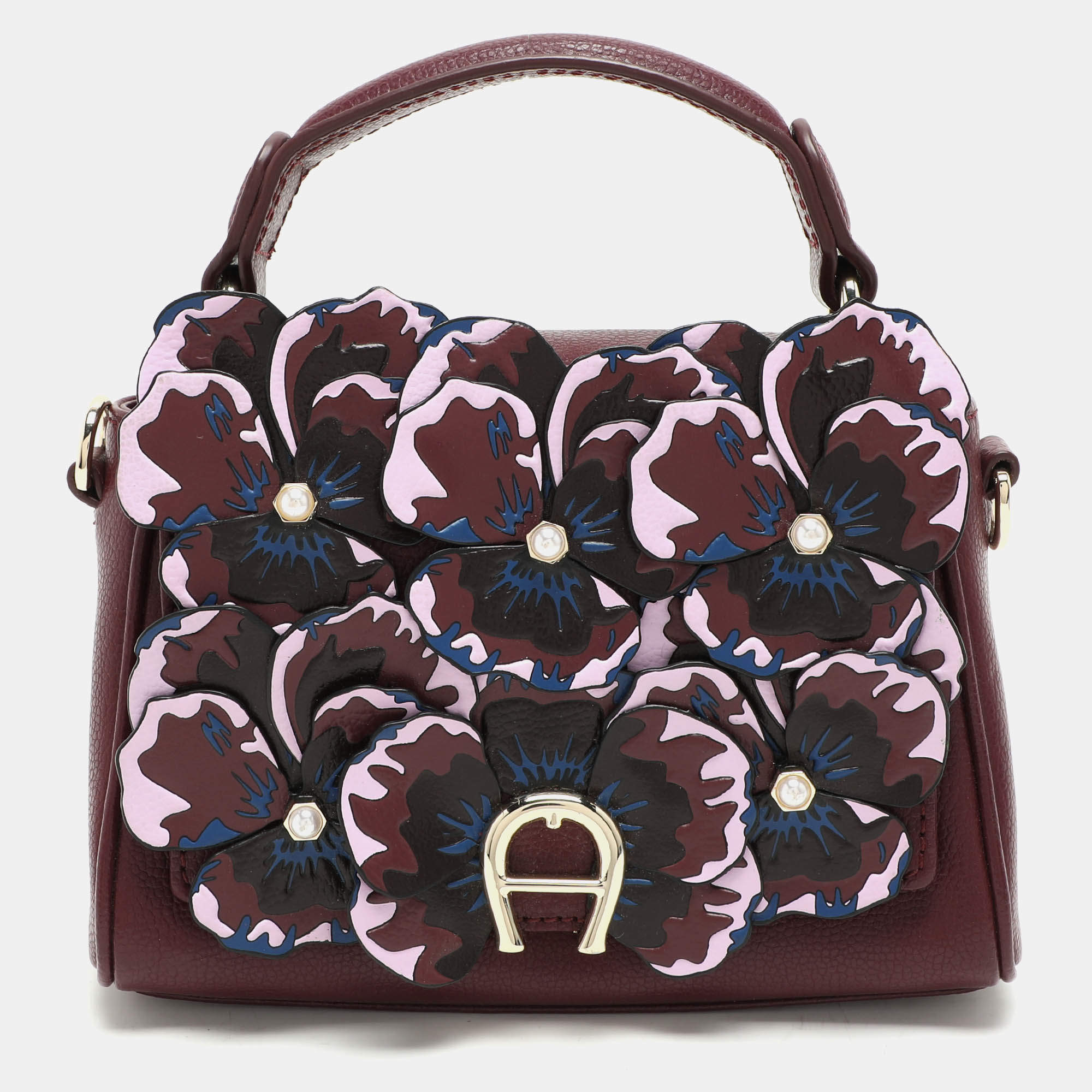 Aigner Burgundy Leather Embellished Top Handle Bag