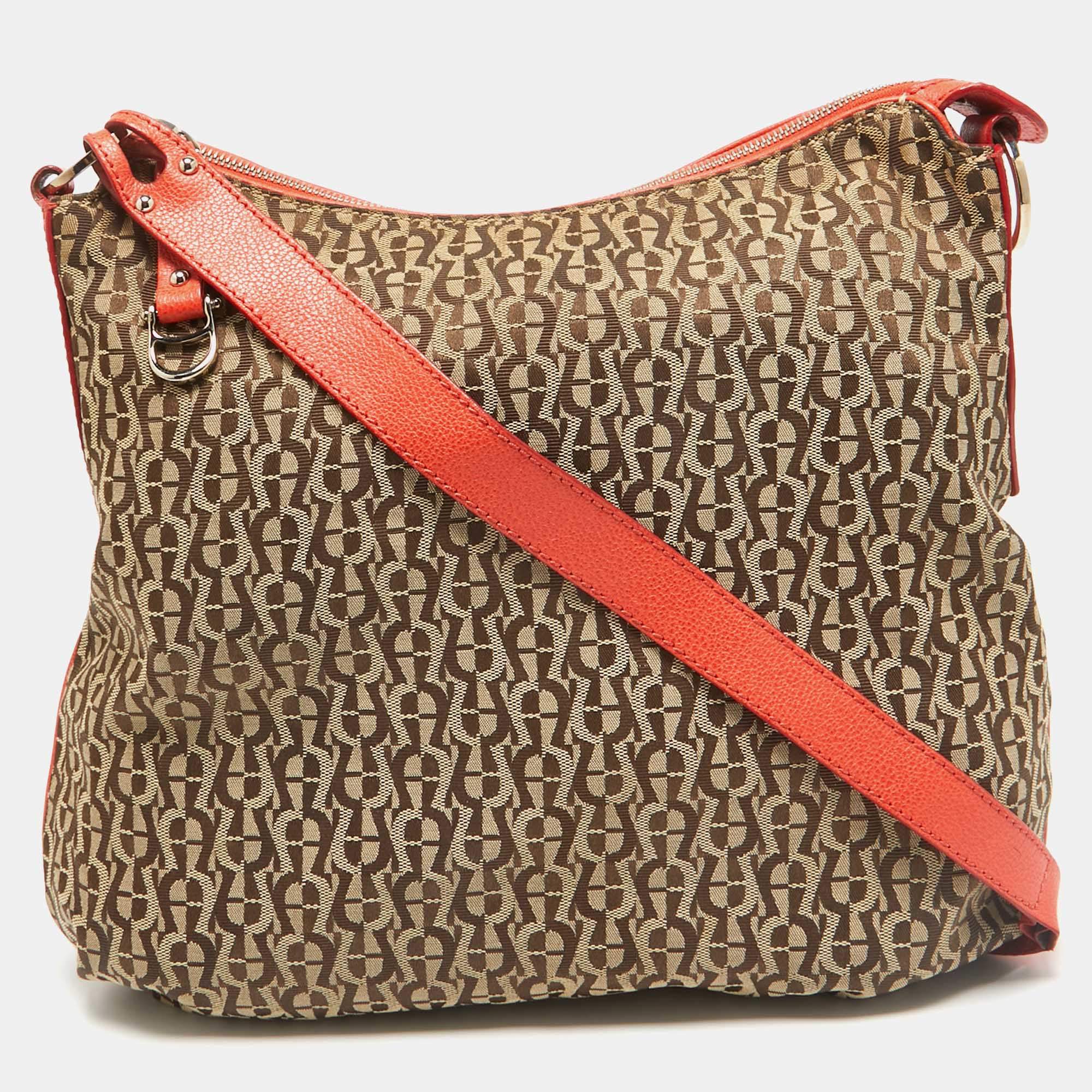 Aigner Beige/Orange Monogram Canvas and Leather Zip Crossbody Bag