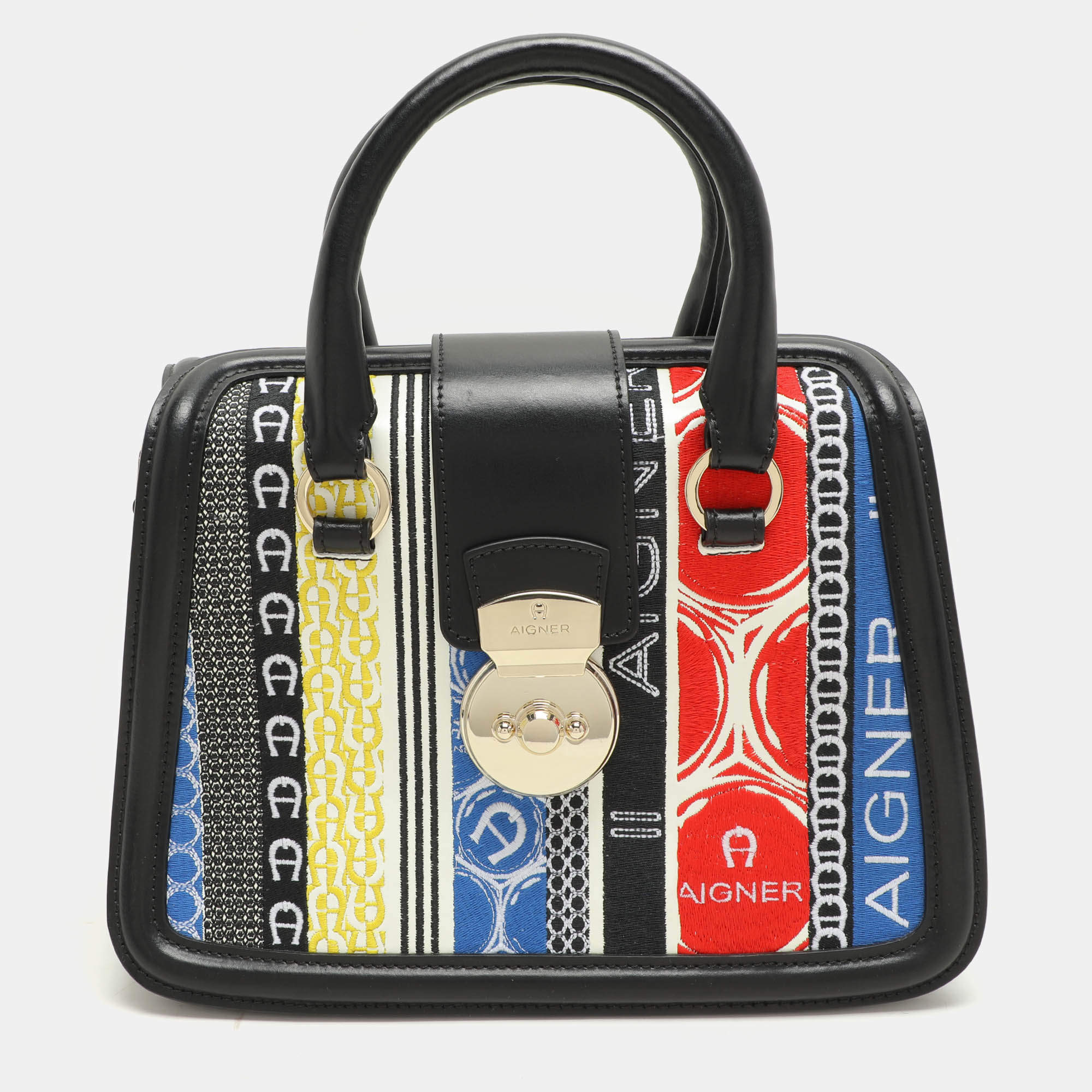 Aigner Black Embroidery and Leather Top Handle Bag