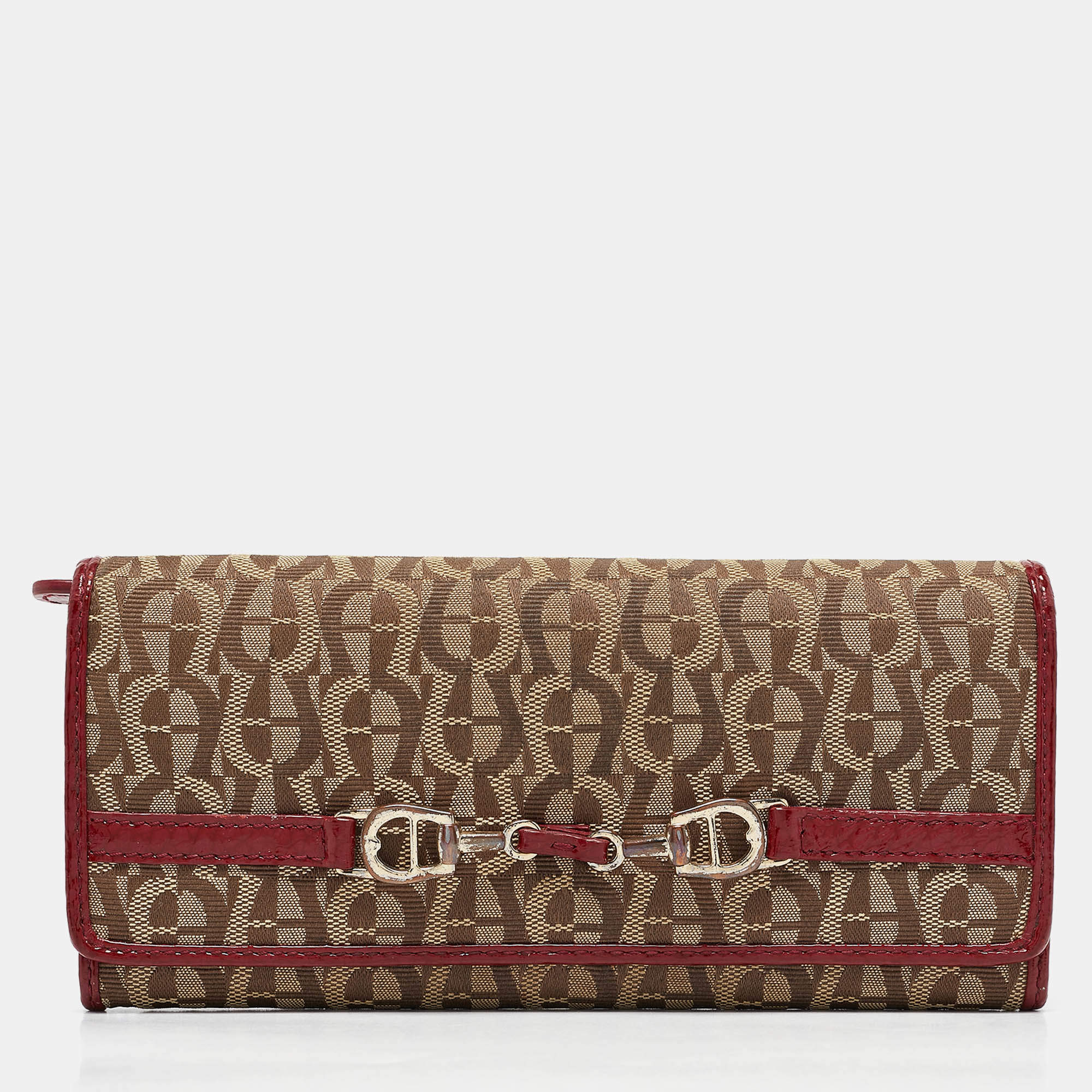 Aigner Beige/Red Signature Canvas and Patent Leather Flap Continental Wallet