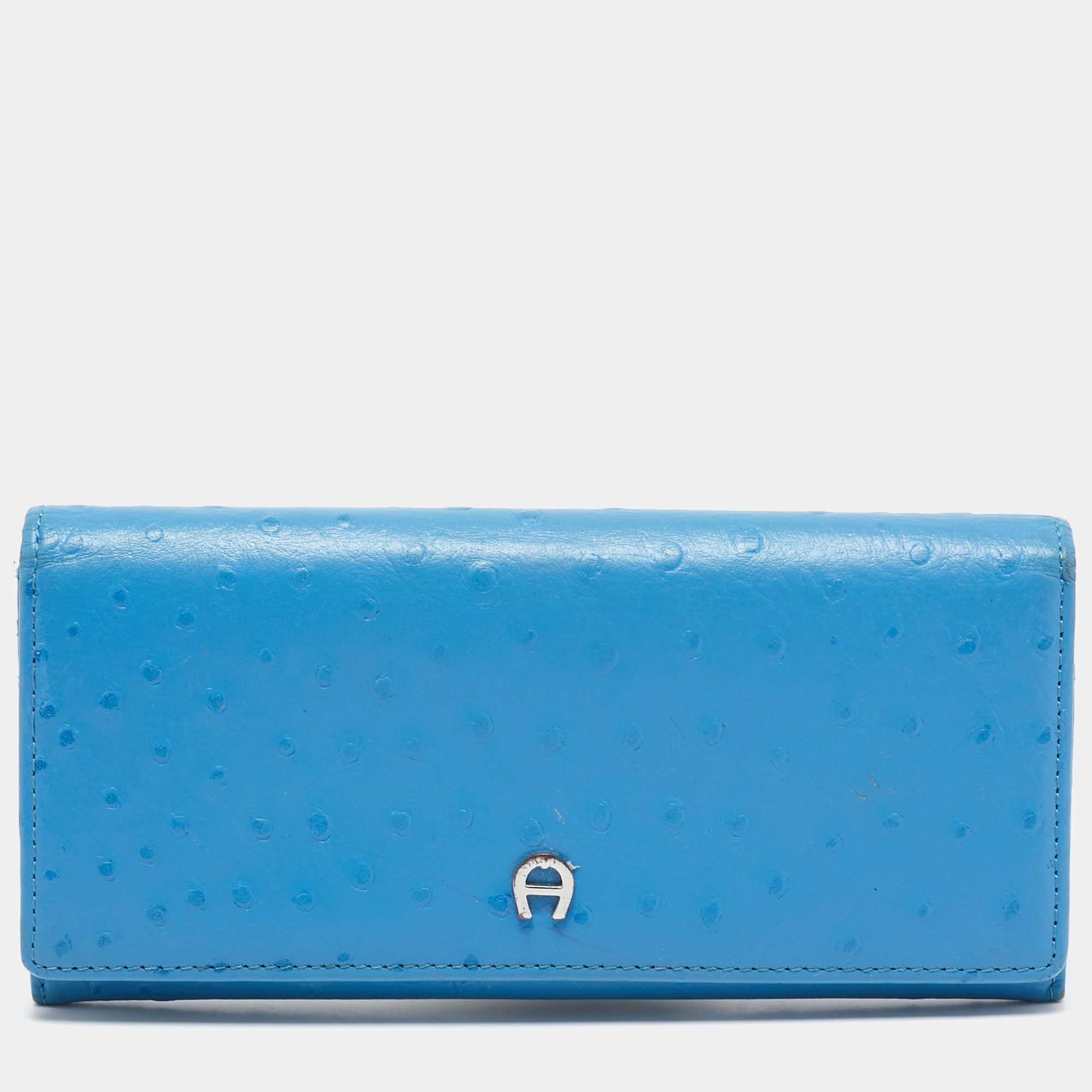 Aigner Blue Ostrich Embossed Leather Logo Continental Wallet