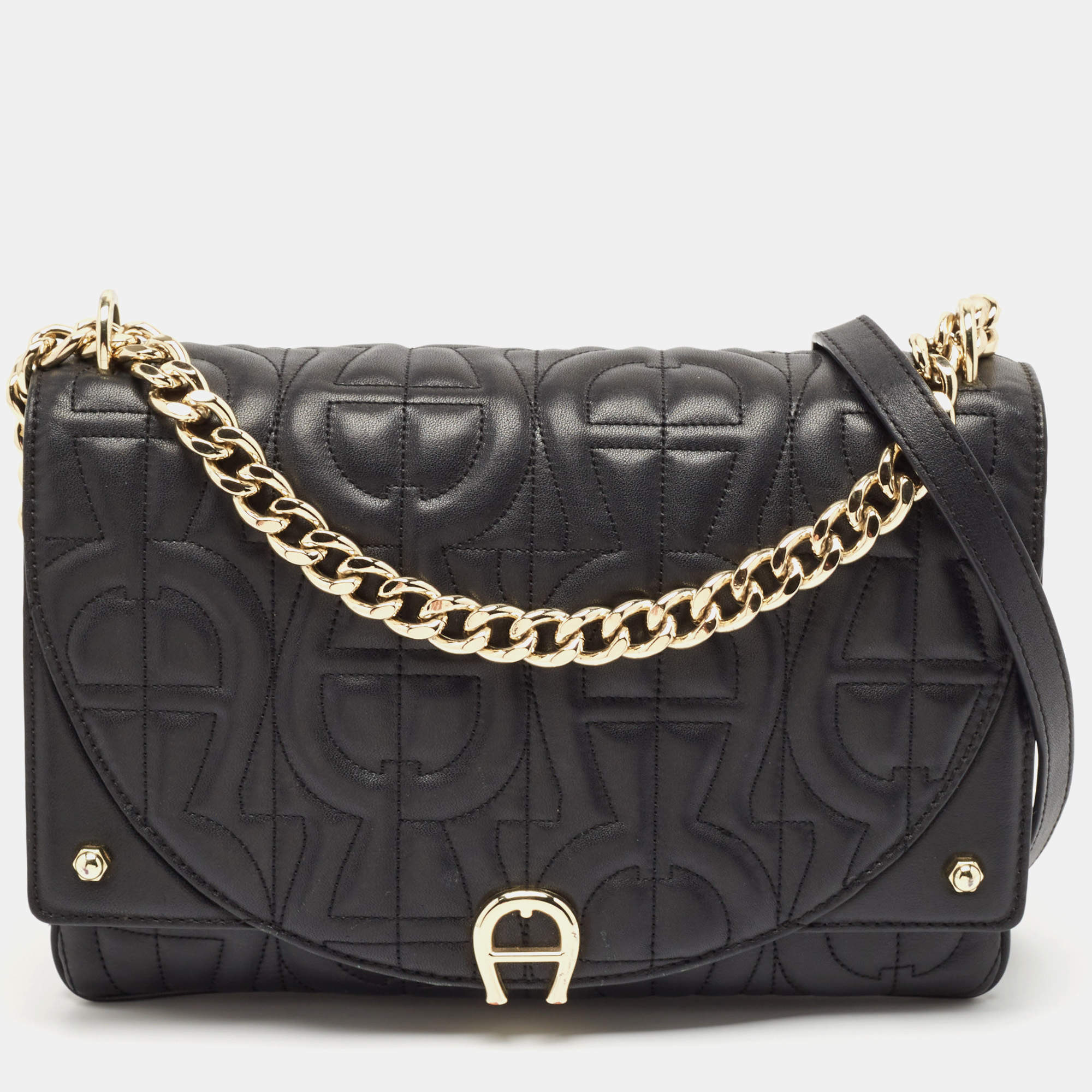 Pre Owned Aigner Black Embossed Leather Small Diadora Crossbody Bag