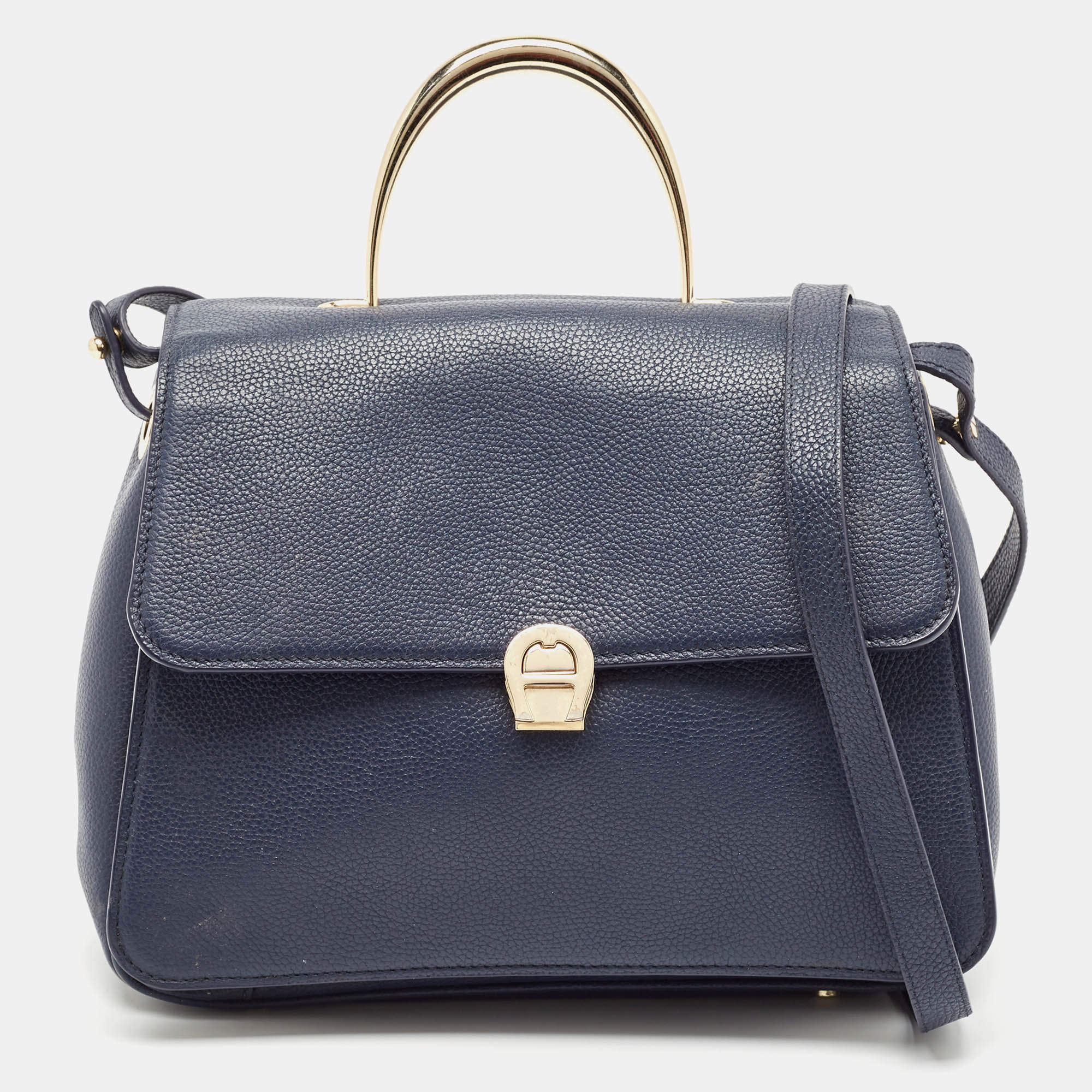 Aigner Navy Blue Leather Genoveva M Top Handle Bag