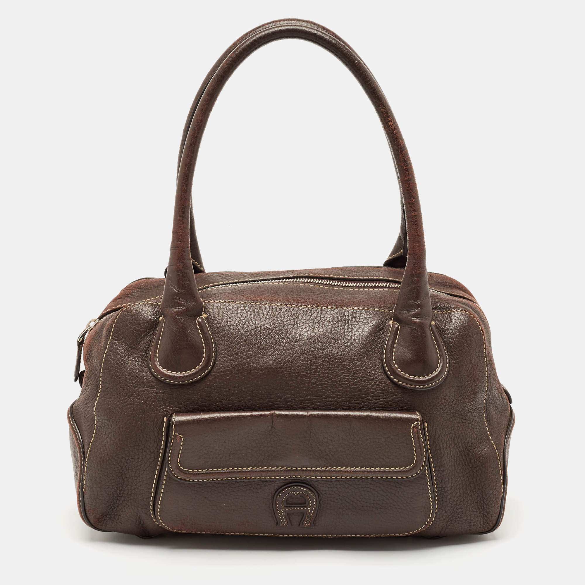 Aigner Dark Brown Leather Front Pocket Satchel