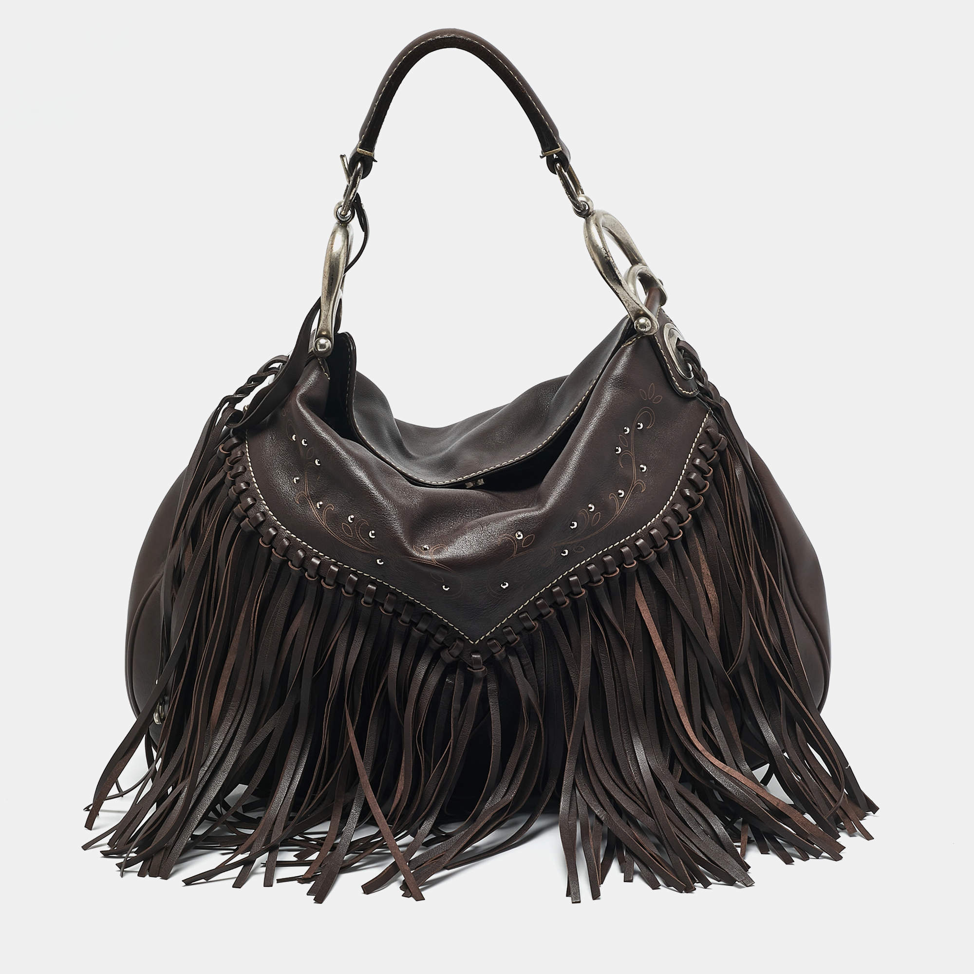 Aigner Dark Brown Leather Fringe Hobo