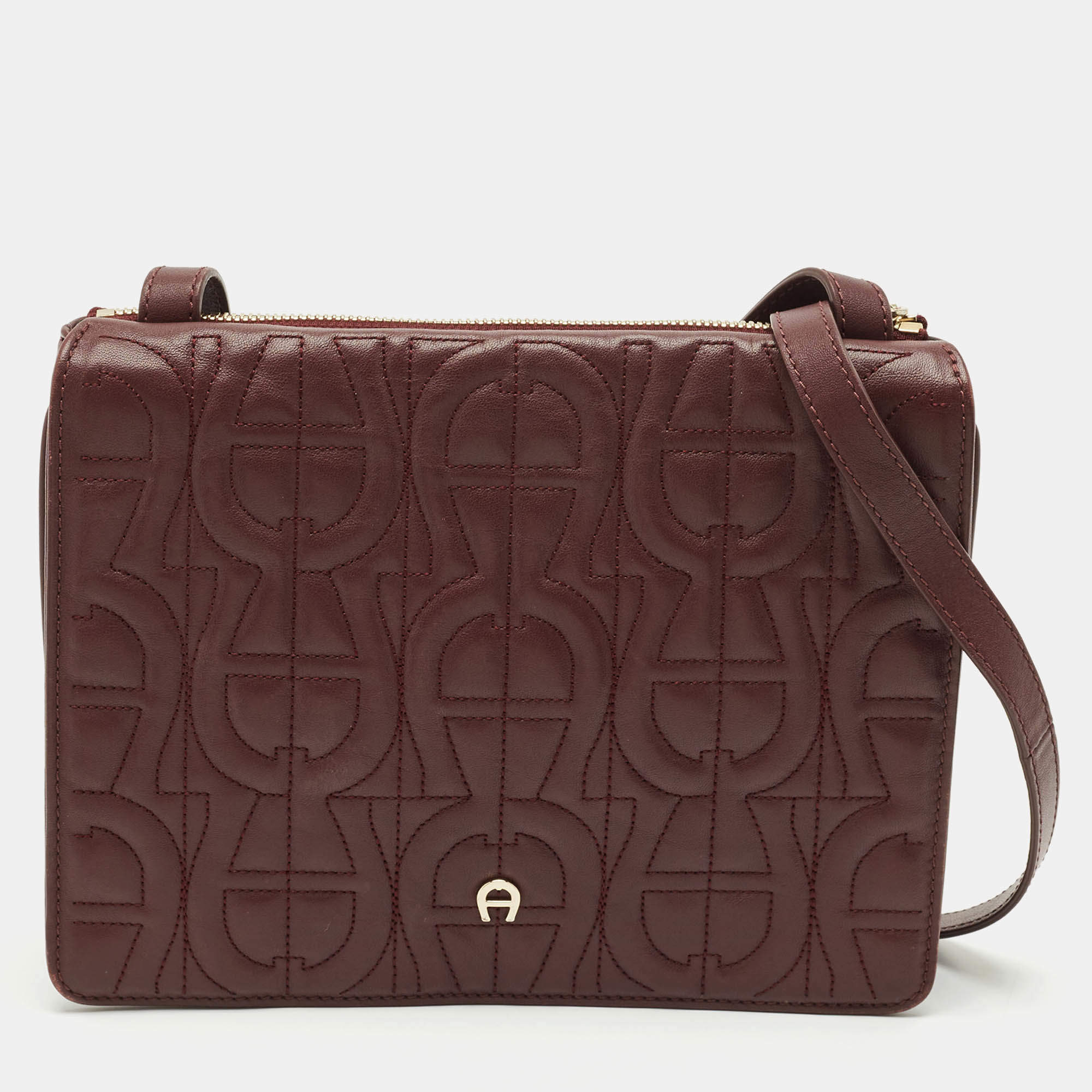 Aigner Burgundy Logo Embossed Leather Flap Crossbody Bag