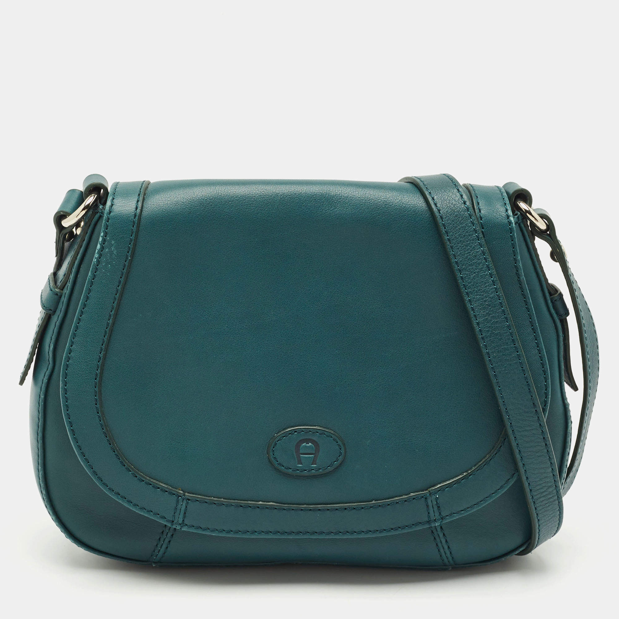 Aigner Green Leather Logo Flap Crossbody Bag