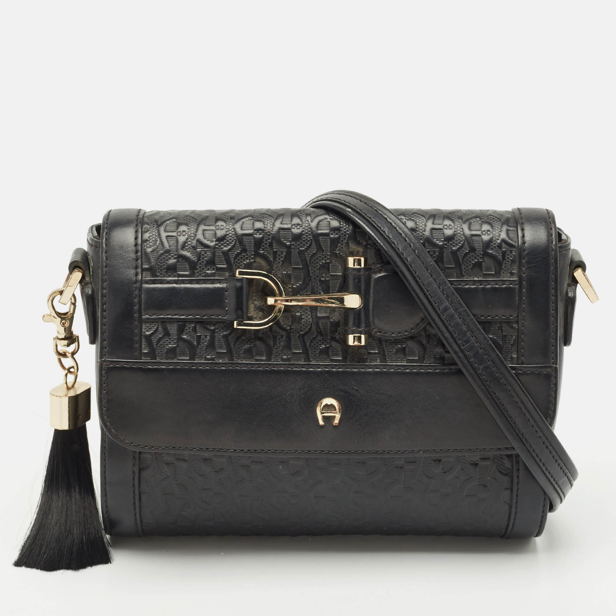 Aigner Black Leather Logo Embossed Flap Crossbody Bag