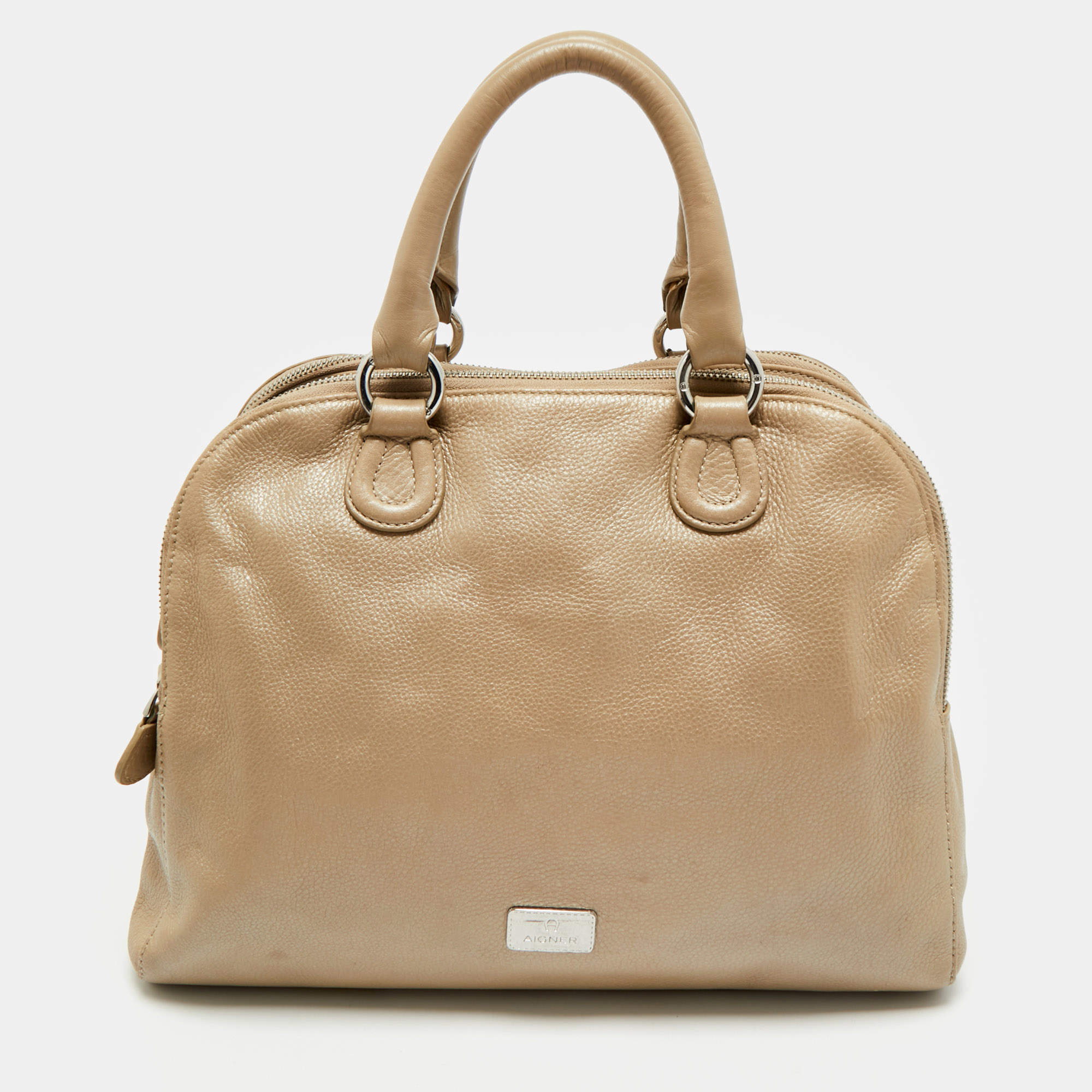 Pre Owned Aigner Metallic Beige Leather Double Zip Dome Satchel