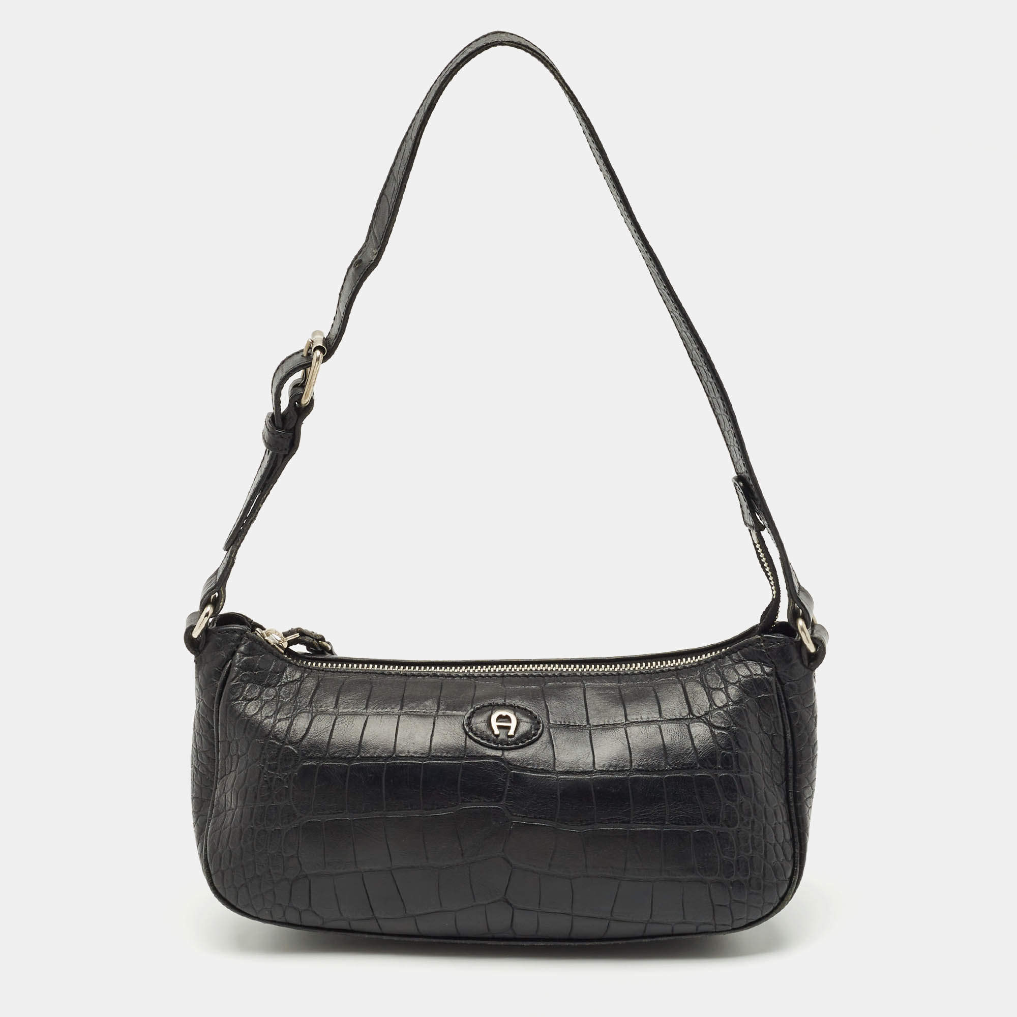 Pre Owned Aigner Black Croc Embossed Leather Buckle Shoulder Bag