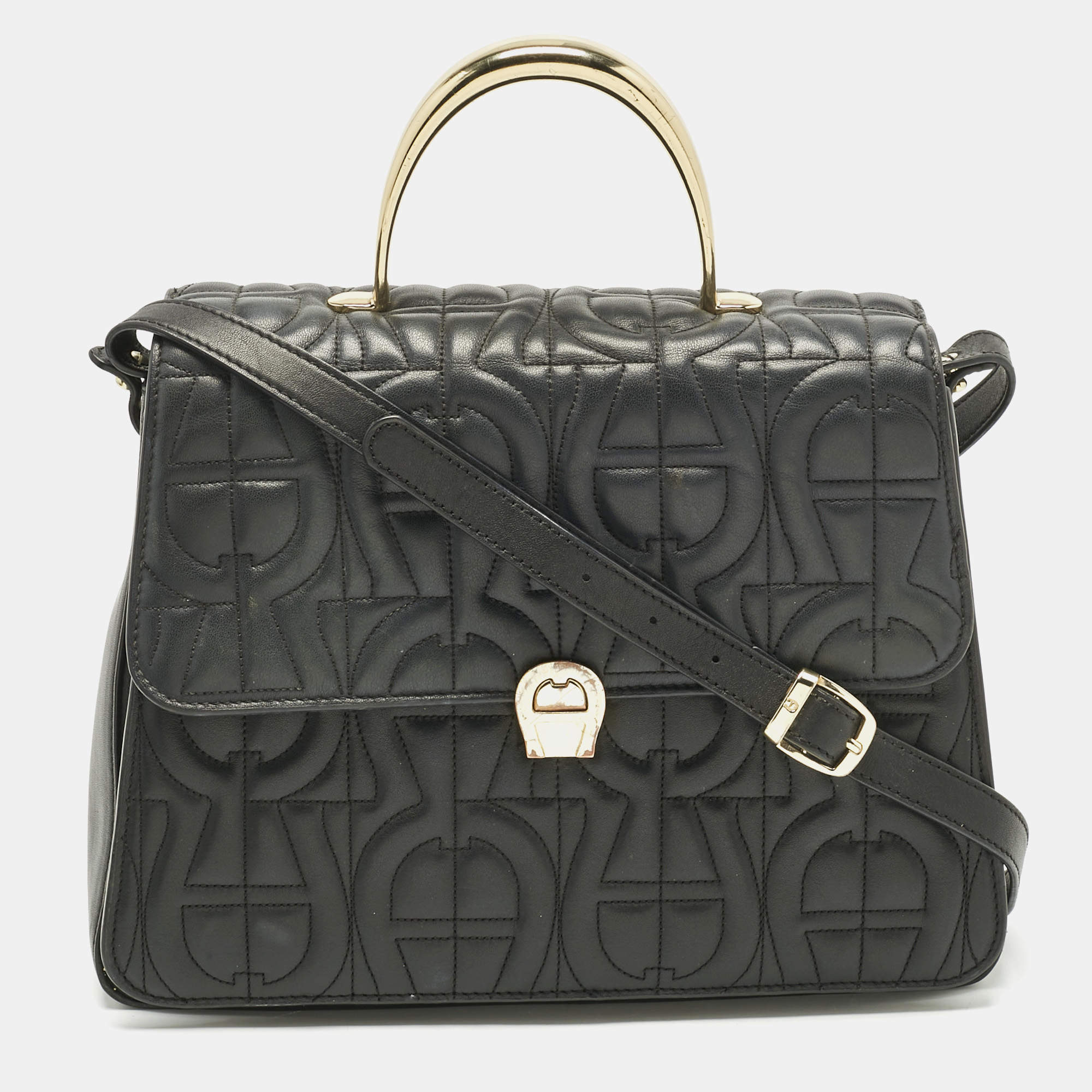 Pre Owned Aigner Black Leather Logo Embossed Genoveva M Top Handle Bag