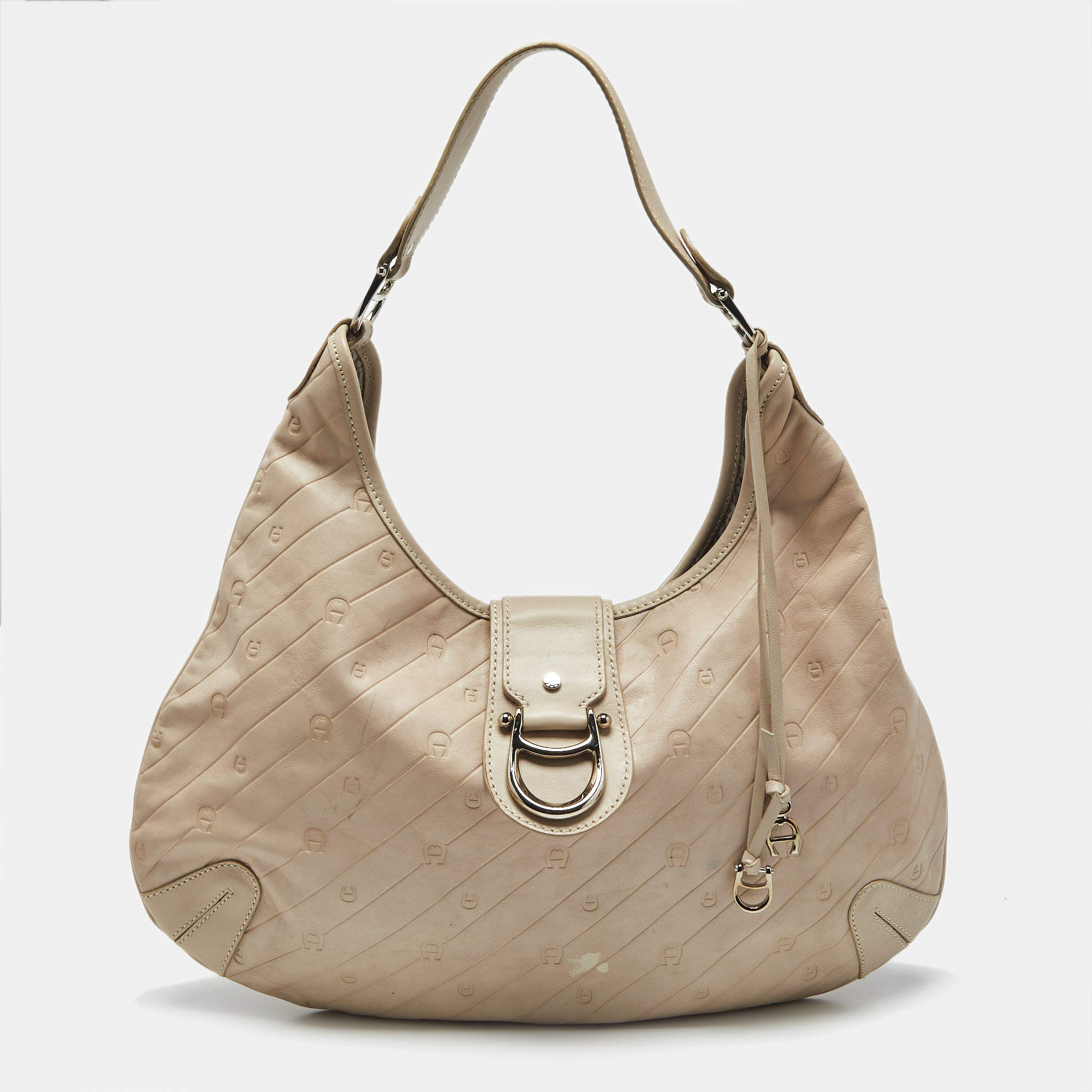 Pre Owned Aigner Light Beige Logo Embossed Leather Charm Hobo