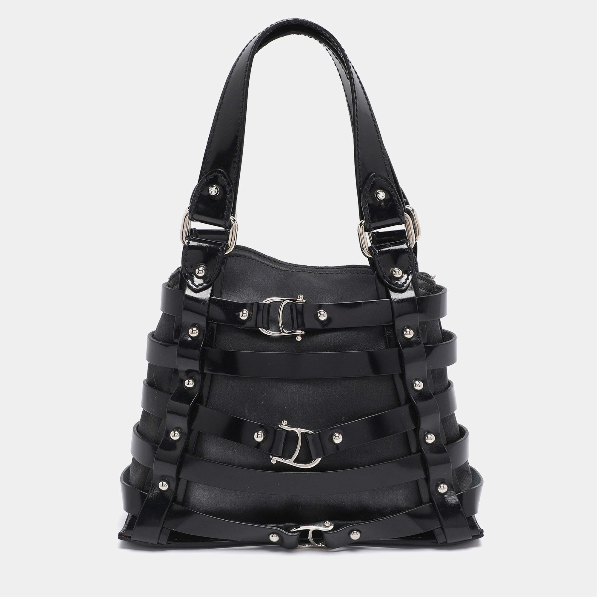 Pre Owned Aigner Black Satin and Leather Caged Tote