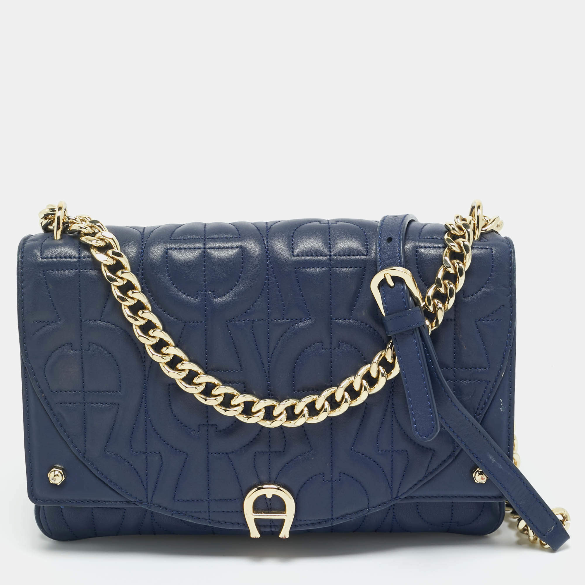 Pre Owned Aigner Navy Blue Embossed Leather Diadora S Crossbody Bag
