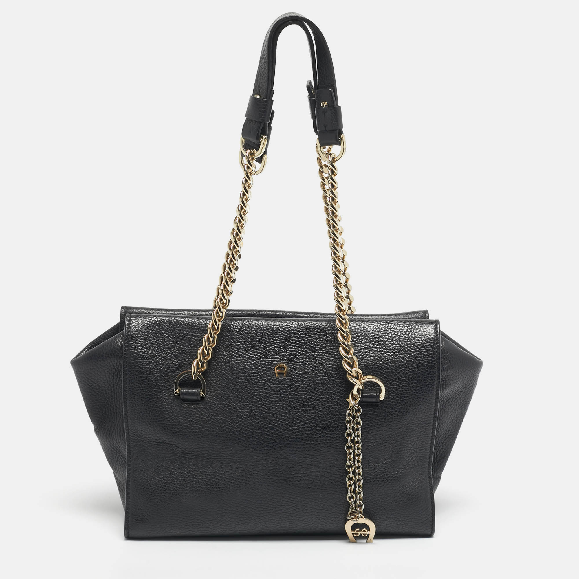 Pre Owned Aigner Black Leather Charm Chain Tote