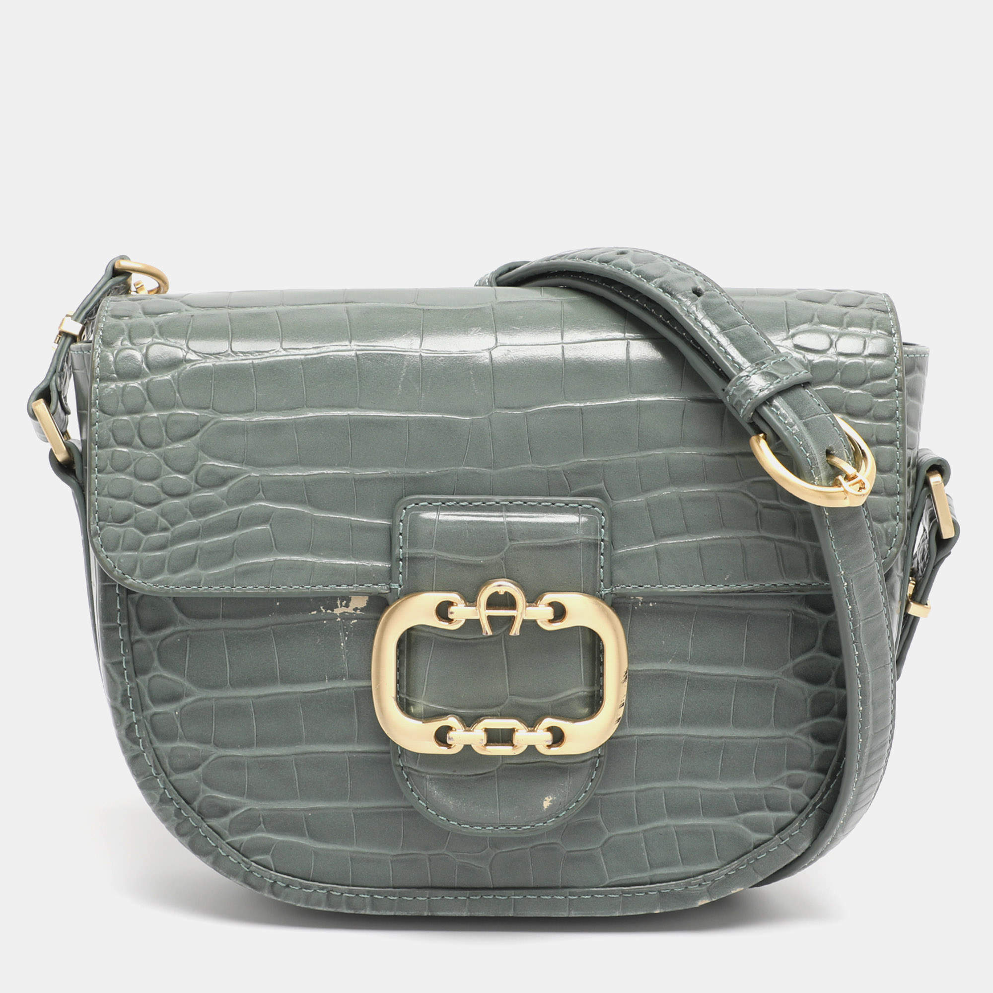 Pre Owned Aigner Green Croc Embossed Leather Celia Crossbody Bag