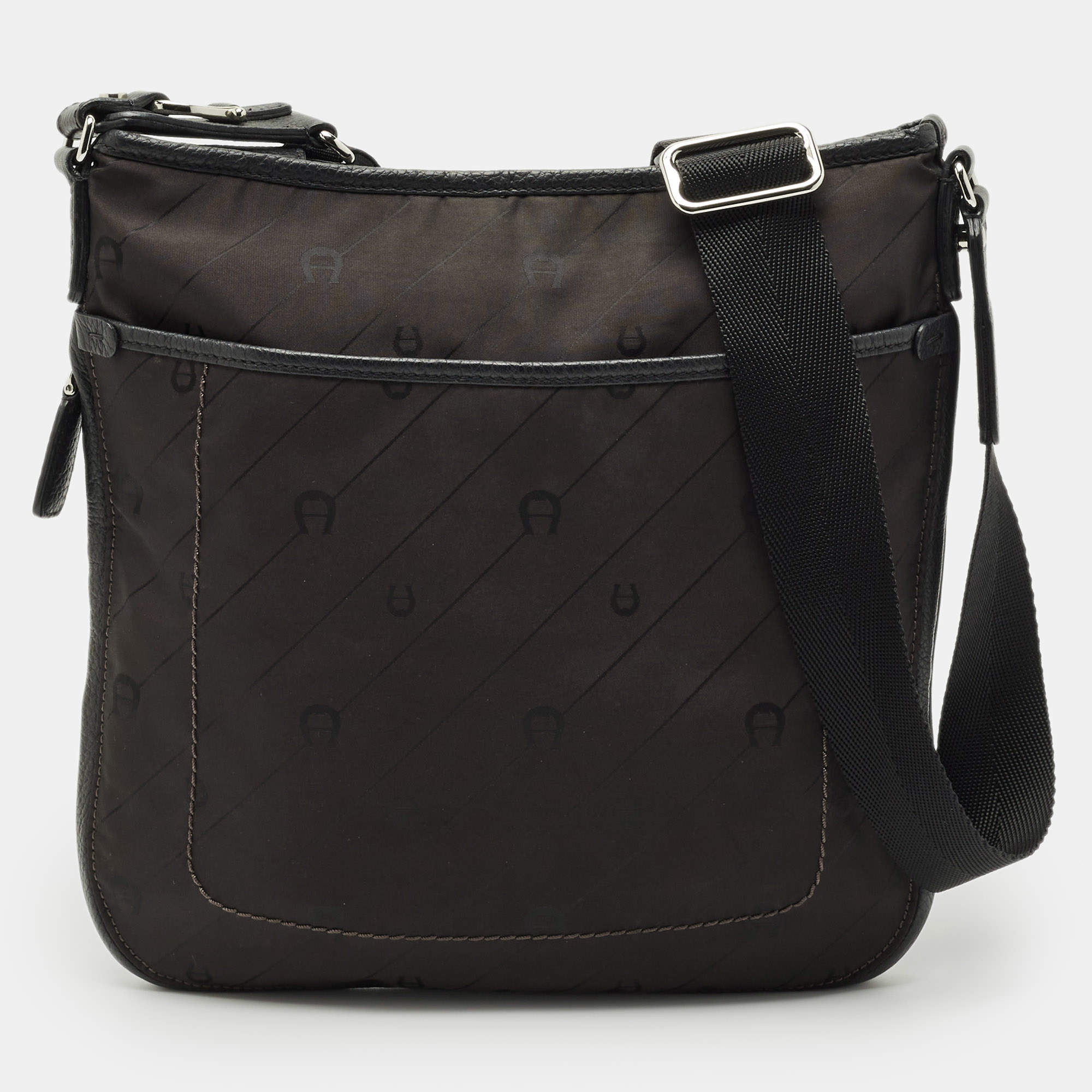 Pre Owned Aigner Dark Brown/Black Monogram Leather and Nylon Messenger Bag