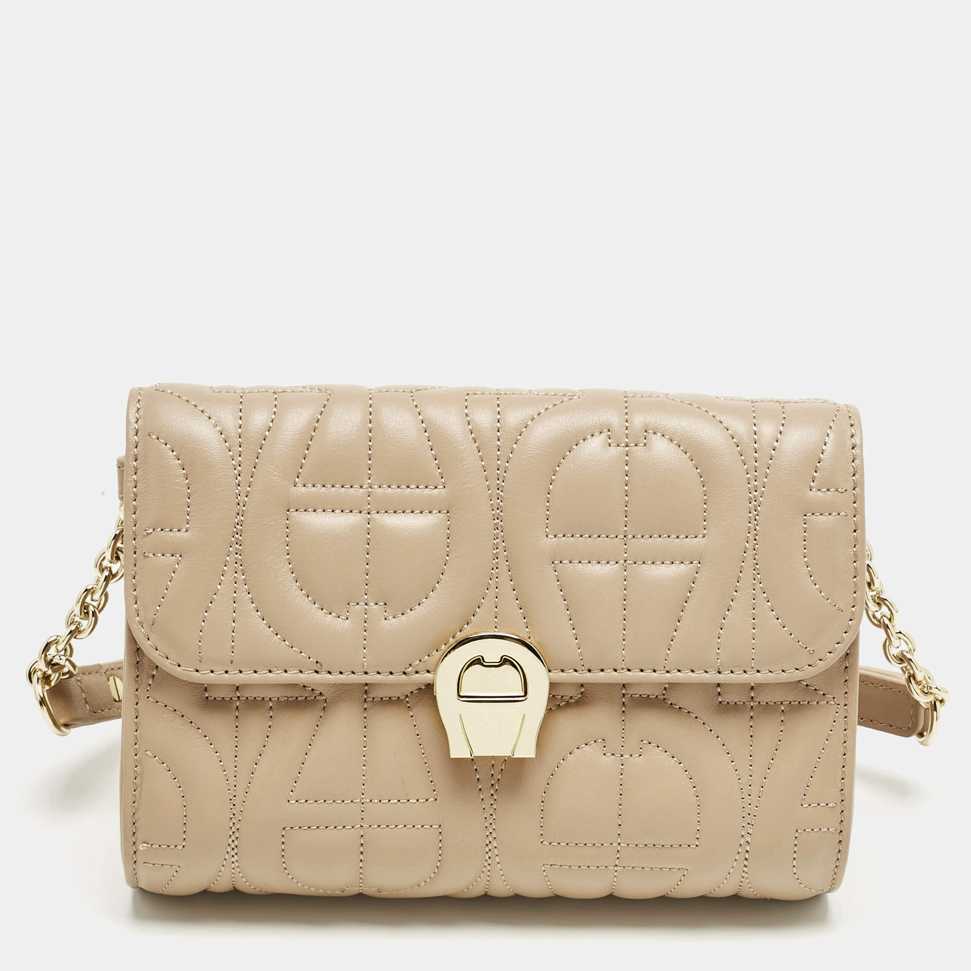 Pre Owned Aigner Beige Logo Embossed Leather Genoveva Belt Bag