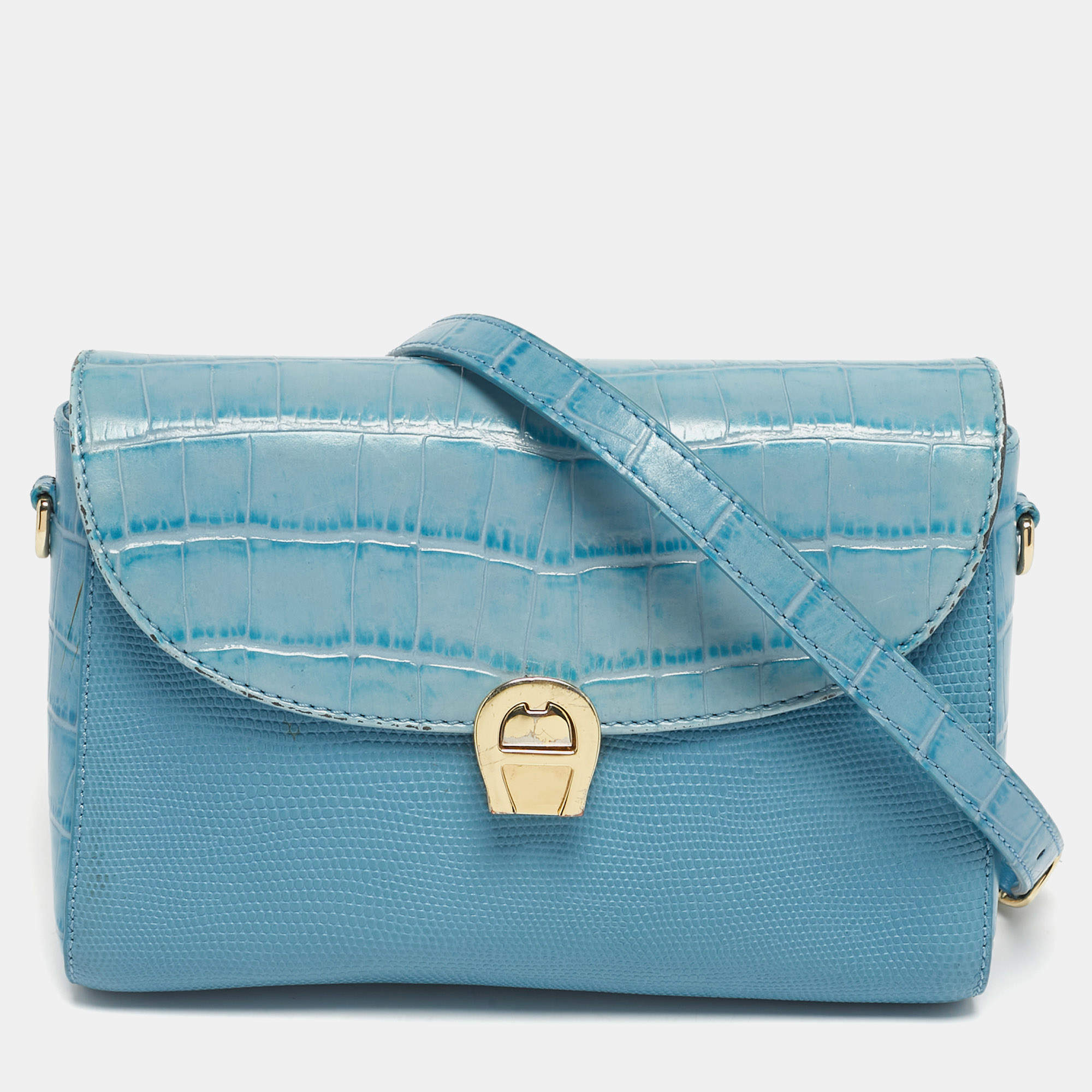 Pre Owned Aigner Light Turquoise Croc and Lizard Embossed Genoveva Shoulder Bag