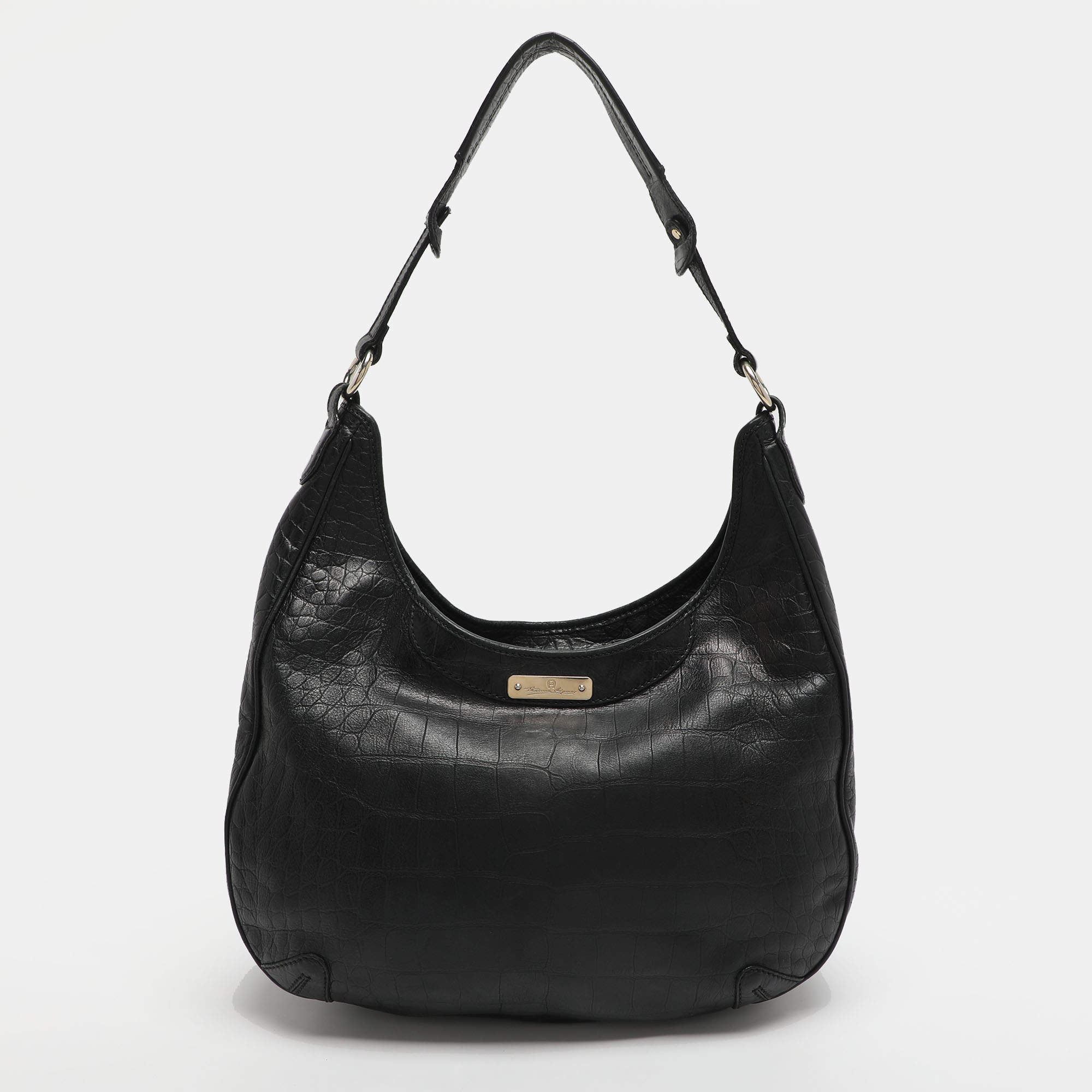 مملوكة مسبقًا Aigner Black Croc Embossed Leather Hobo
