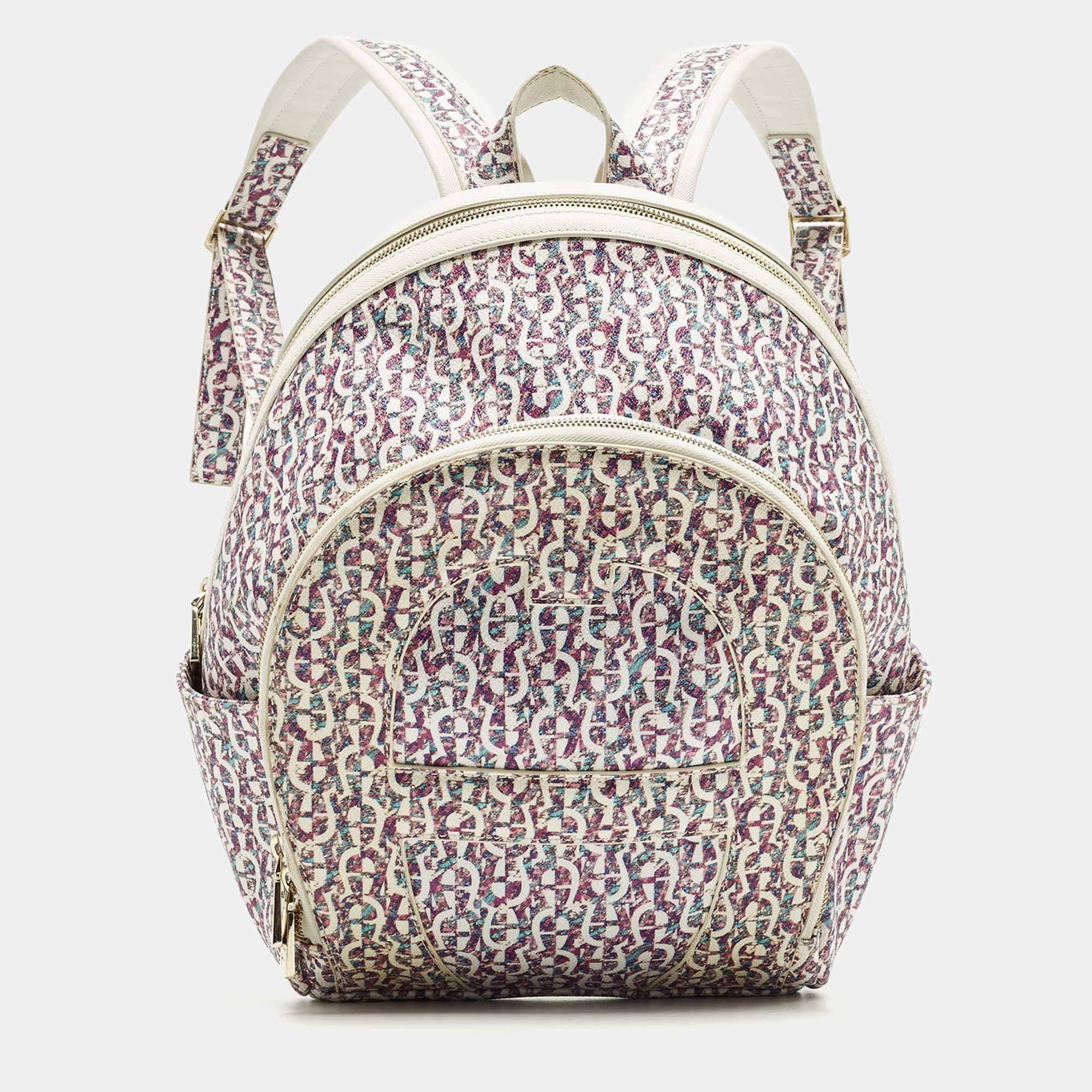 Pre Owned Aigner Icon Magenta/White Signature Printed Coated Canvas Backpack