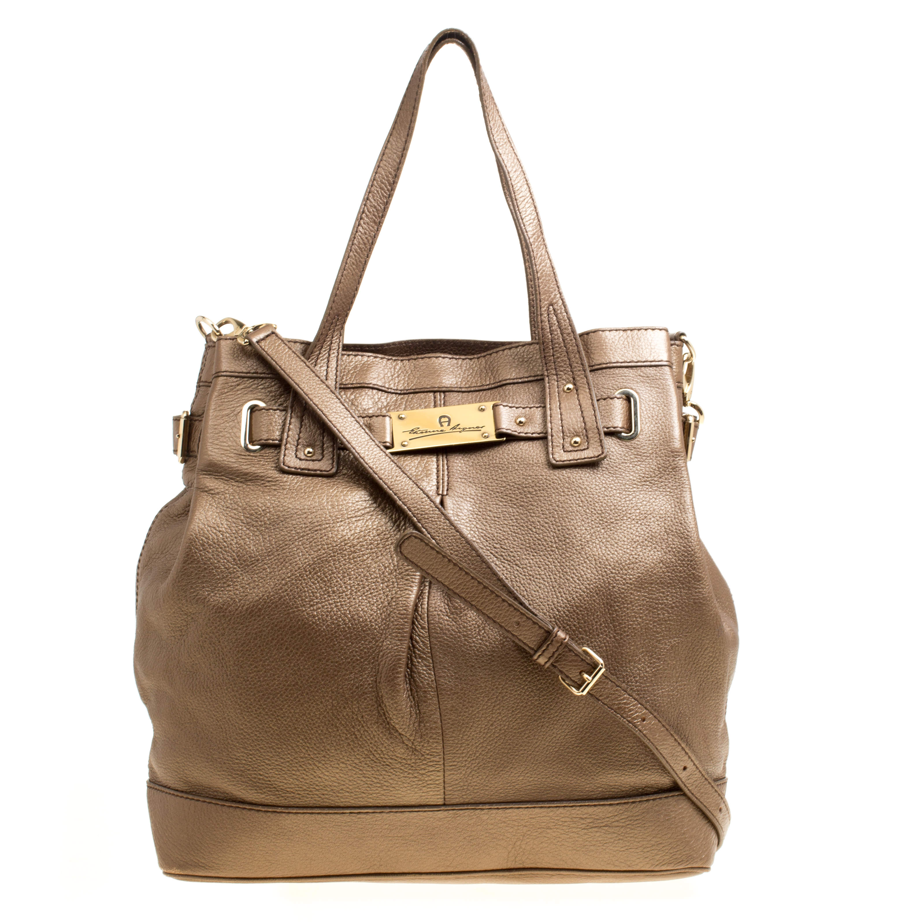 Aigner Metallic Brown Pebbled Leather Logo Tote